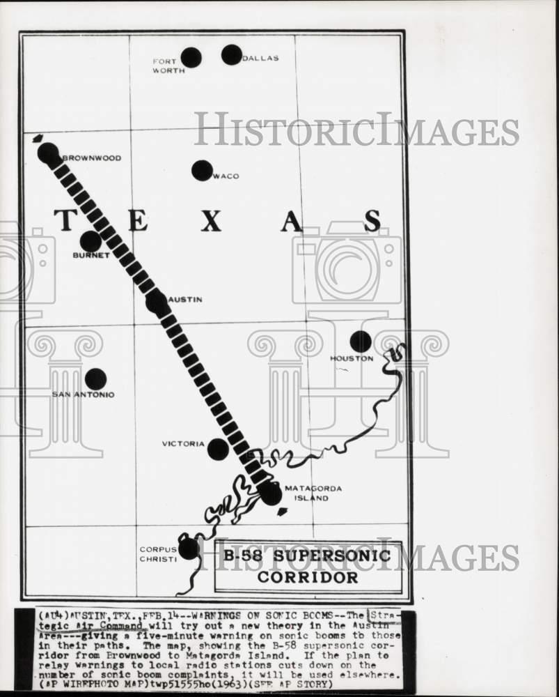 1963 Press Photo SAC map of B-58 supersonic corridor in Texas. - hpw17242