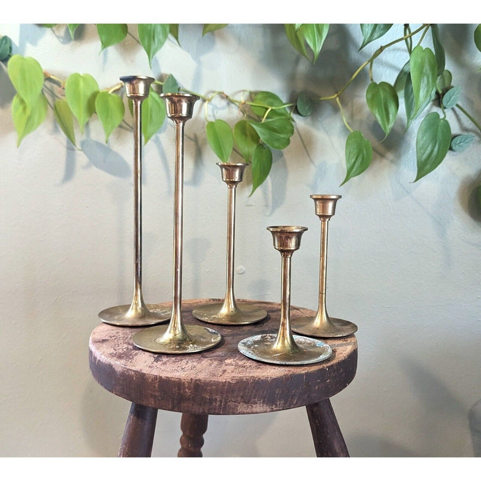 Set of 5 Vintage Brass Candlestick Holders Holder Tapering Tapered Minimal Gift