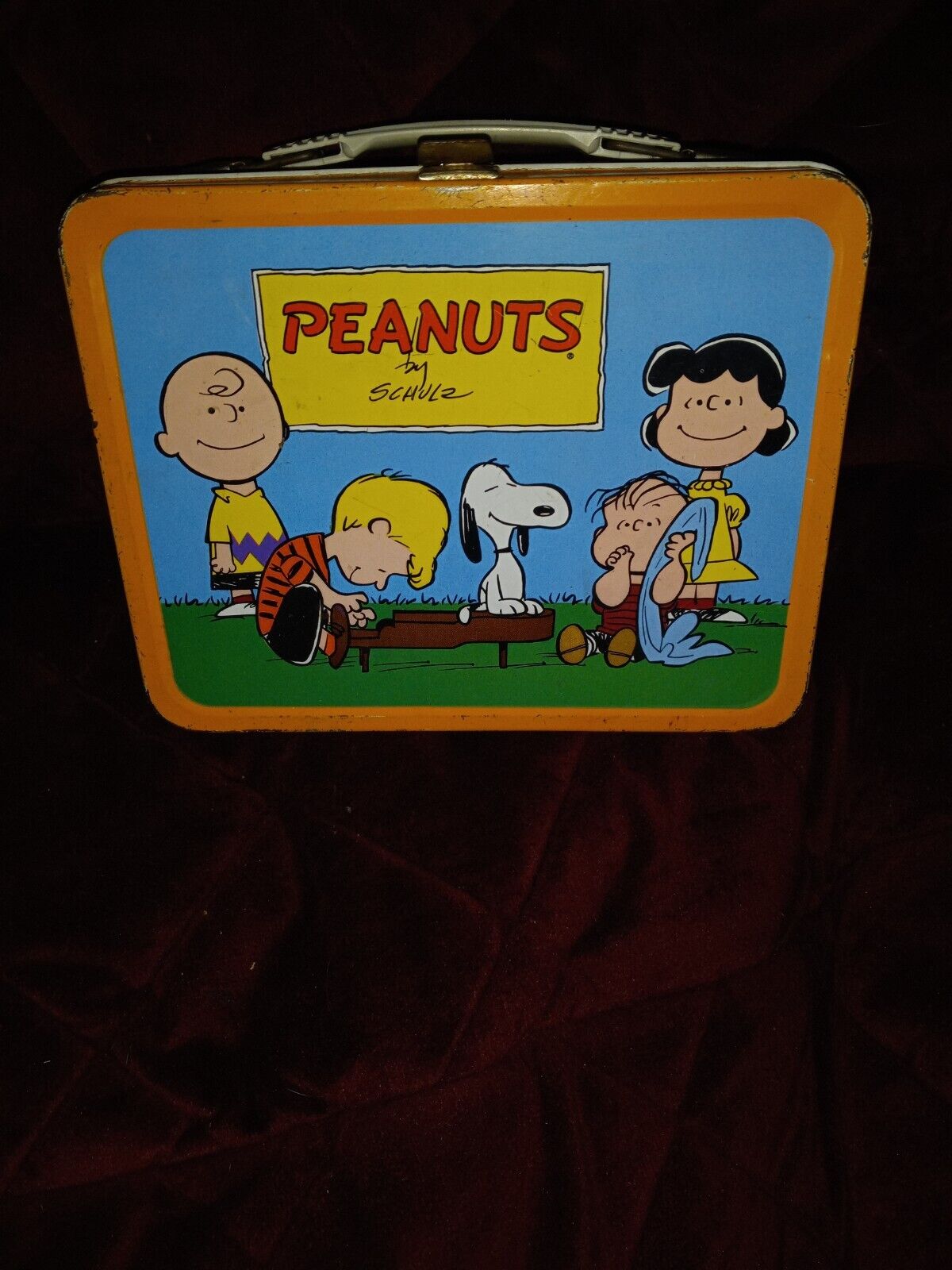 Vintage 1970s Peanuts Metal Lunch Box Orange Rim Charlie Brown Ace Snoopy
