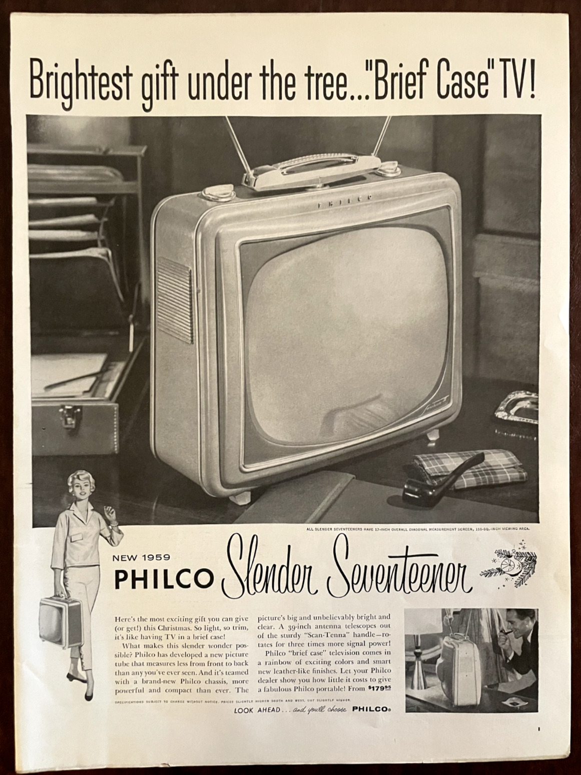 1958 PHILCO TV Vintage Print Ad Brief Case Television Slender Seventeener