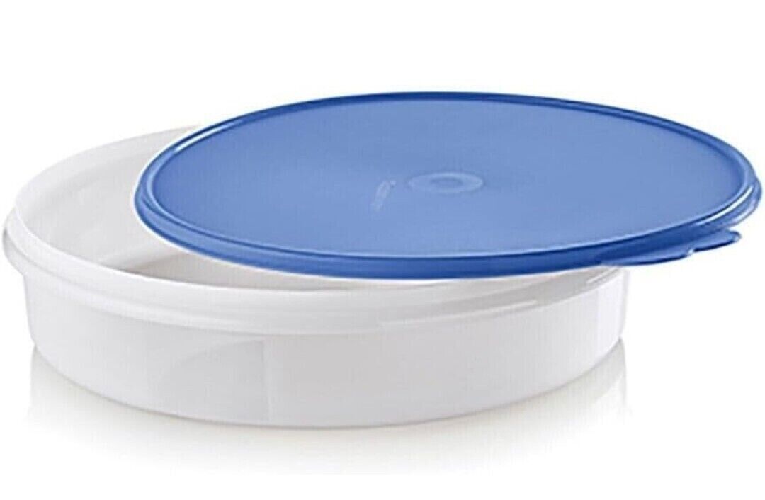 Tupperware Large Round Pie Cupcake Container 12” Blue Jean SEAL Freezer Safe 
