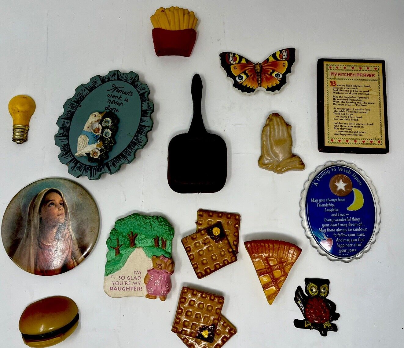 Vintage Mixed Magnet Lot (15) Food Hamburger, Waffle, Pie, Owl, Mary, And More