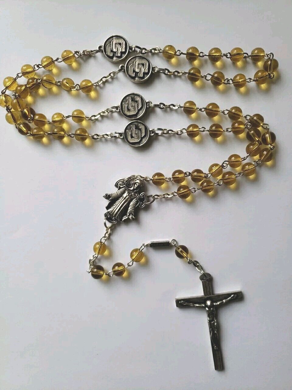 Vtg Rosary Beads Yellow Glass Ghirelli Carmel Catholic HS Crucifix 2in Italy