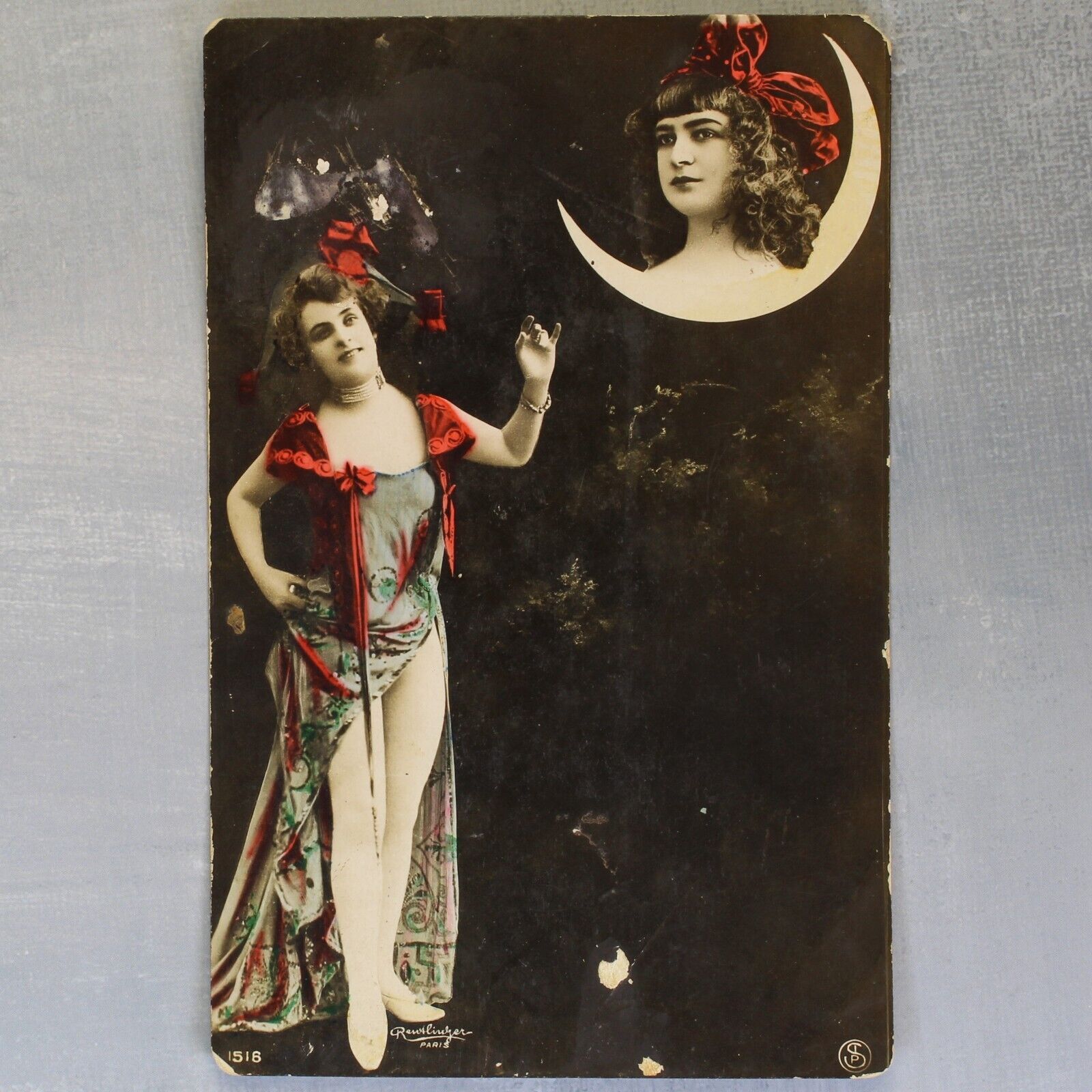 Lady nymph - MOON, theater actress. Antique REUTLINGER photo postcard 1909s🌖