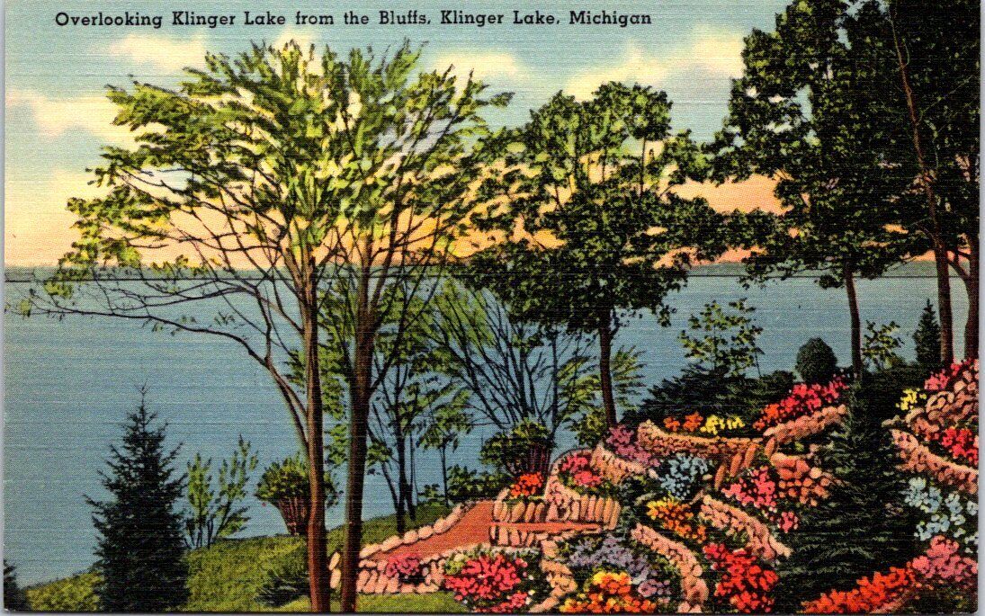 Klinger Lake from the Bluffs, KLINGER LAKE, Michigan Linen Postcard - Tichnor