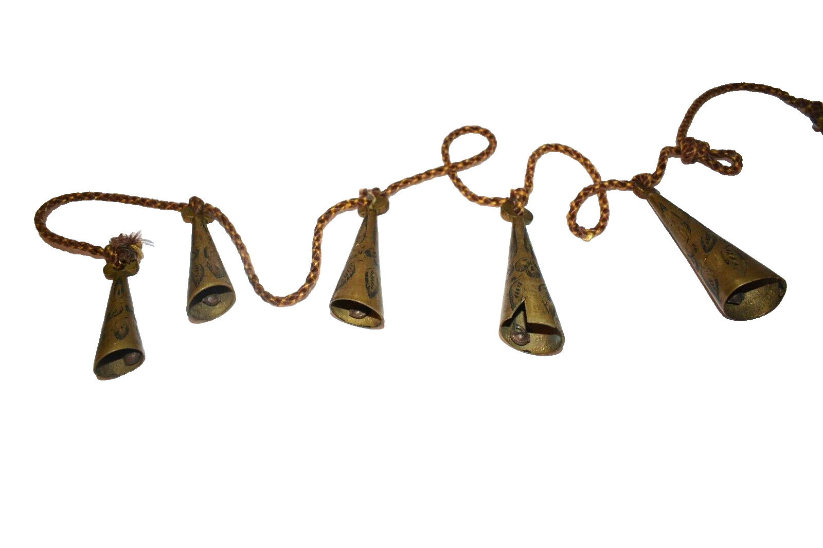 Antique 5 Etched Brass Bells Sarna India Cone Shape on Braided Cord Wind Chimes