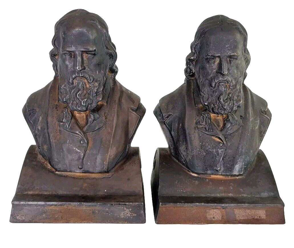 Antique Alfred Lord Tennyson Upper Torso Bust Set Of Bookends Poet Author