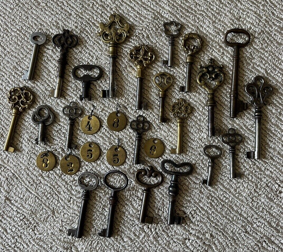 Lot of Antique Brass Skeleton Keys and Brass Number Tags