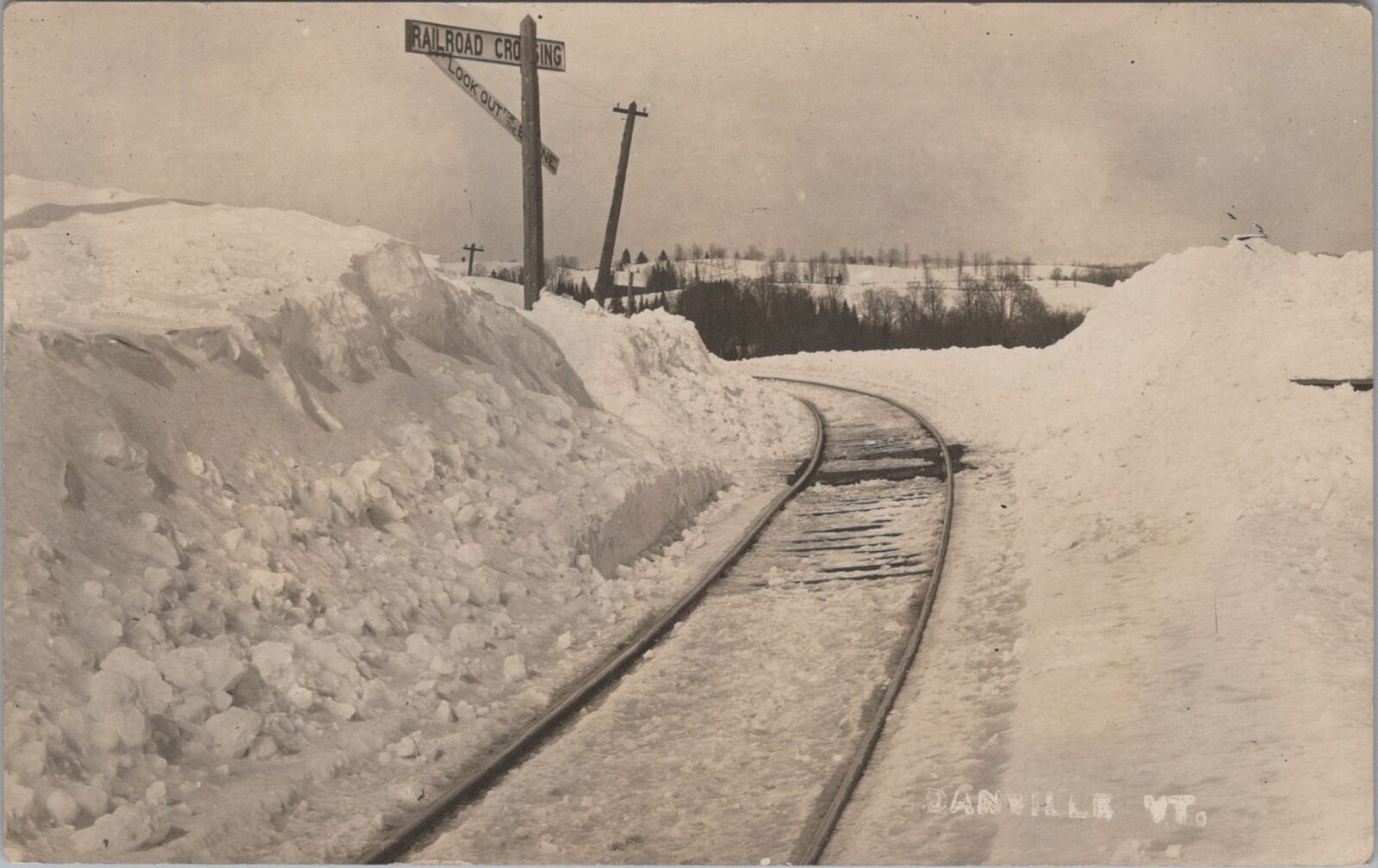 Railroad Crossing Winter Snow Scene Danville Vermont RPPC c1910s Postcard