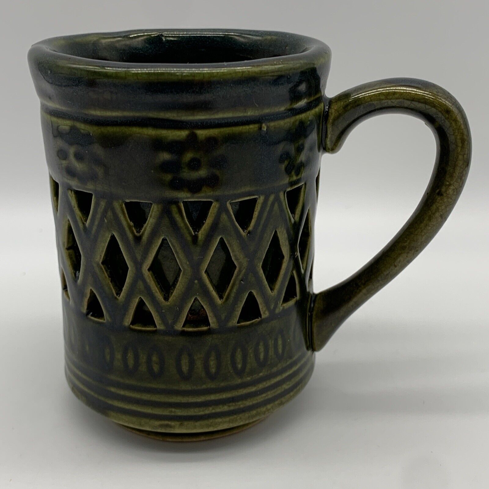 Vintage Green Ceramic Coffee Mug Double Wall with Lattice Cut Out Detail