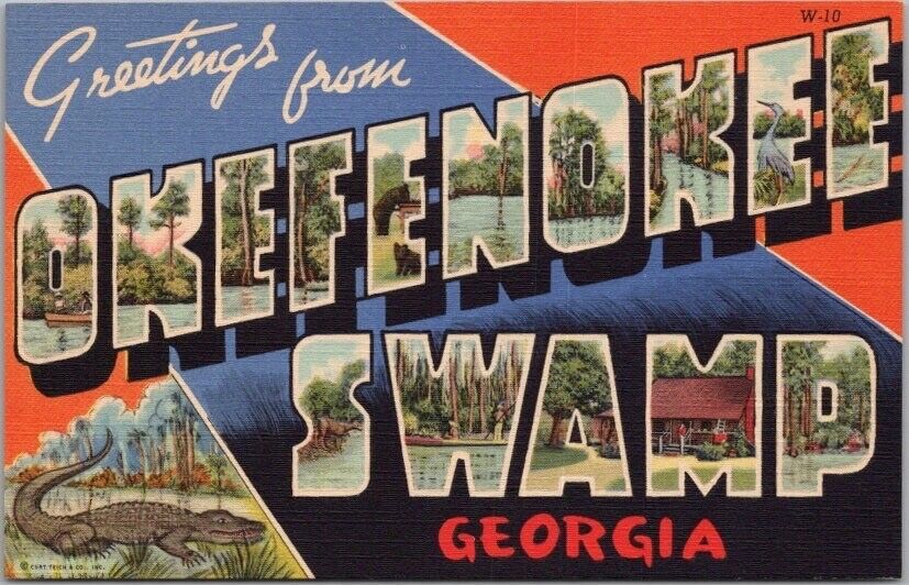 Vintage 1940s OKEFENOKEE SWAMP Georgia Large Letter Postcard Curteich Linen