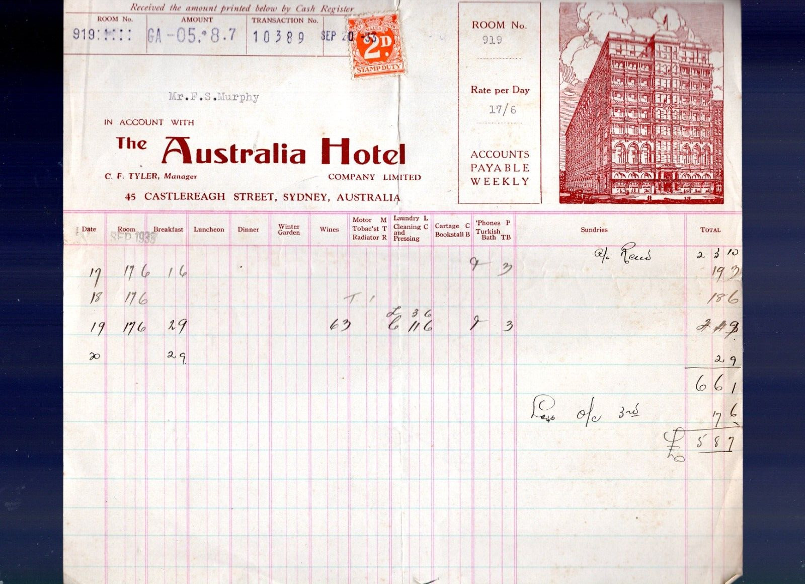 1933 Receipt The Austraia Hotel , Sydney Australia with Tax Duty Stamp 2d