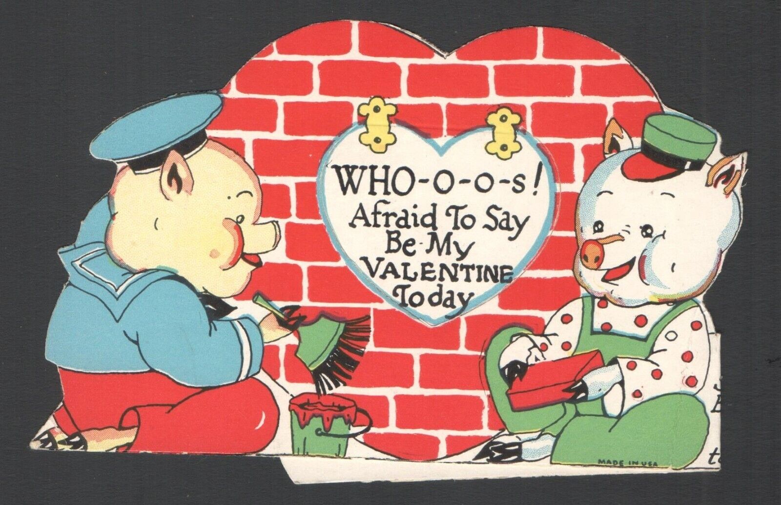 Vintage UnUsed Childs Valentines Day Card 3 Little Pigs Building Brick House