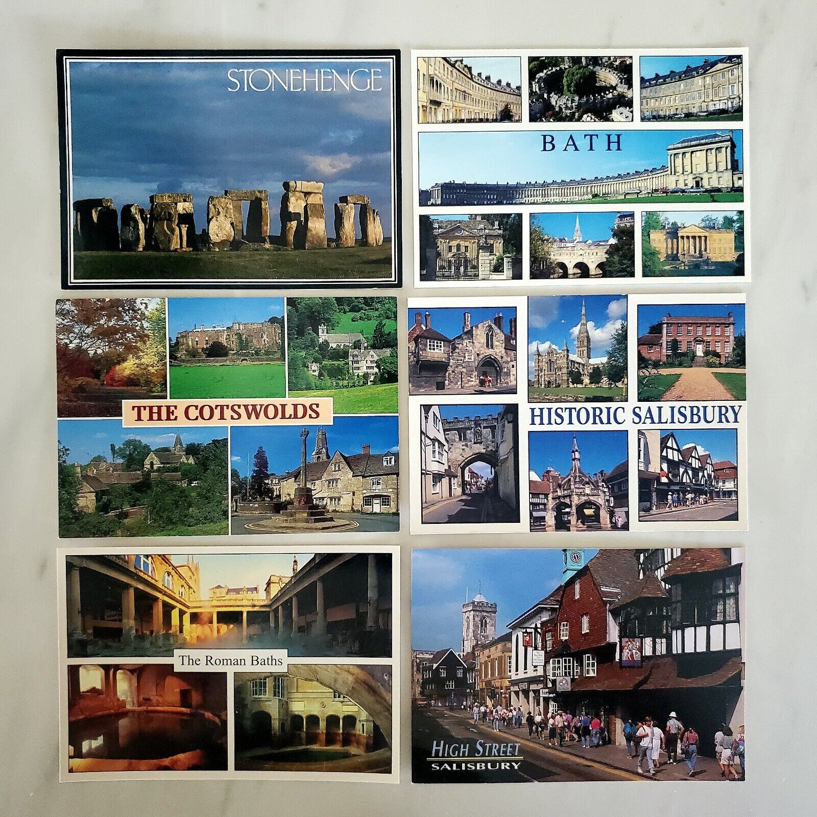 6 Vintage Postcards - Unused - Salisbury - Bath - Stonehenge - Cotswolds - Roman