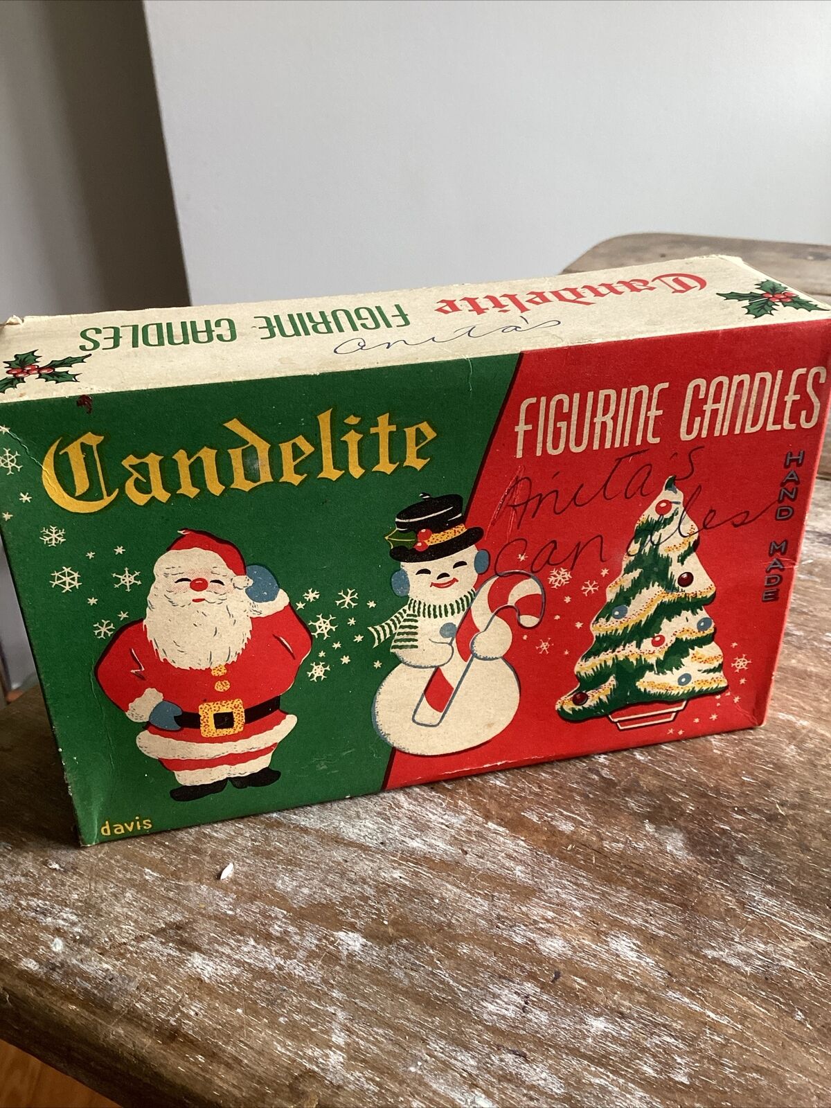 Vintage Kitschy Box Of Christmas Candles Unused Santa Snowman Tree Davis Japan
