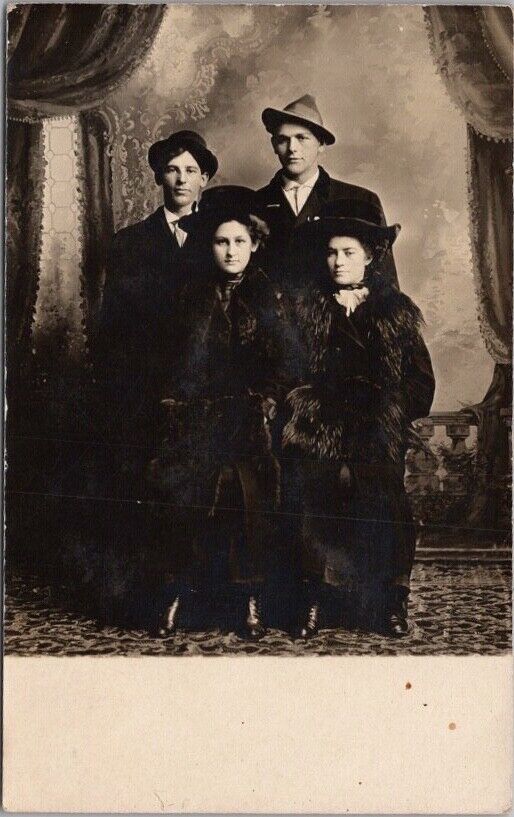 1910s Studio Photo RPPC Postcard 2 Upper-Class Teen Couples, Girls in Fur Coats