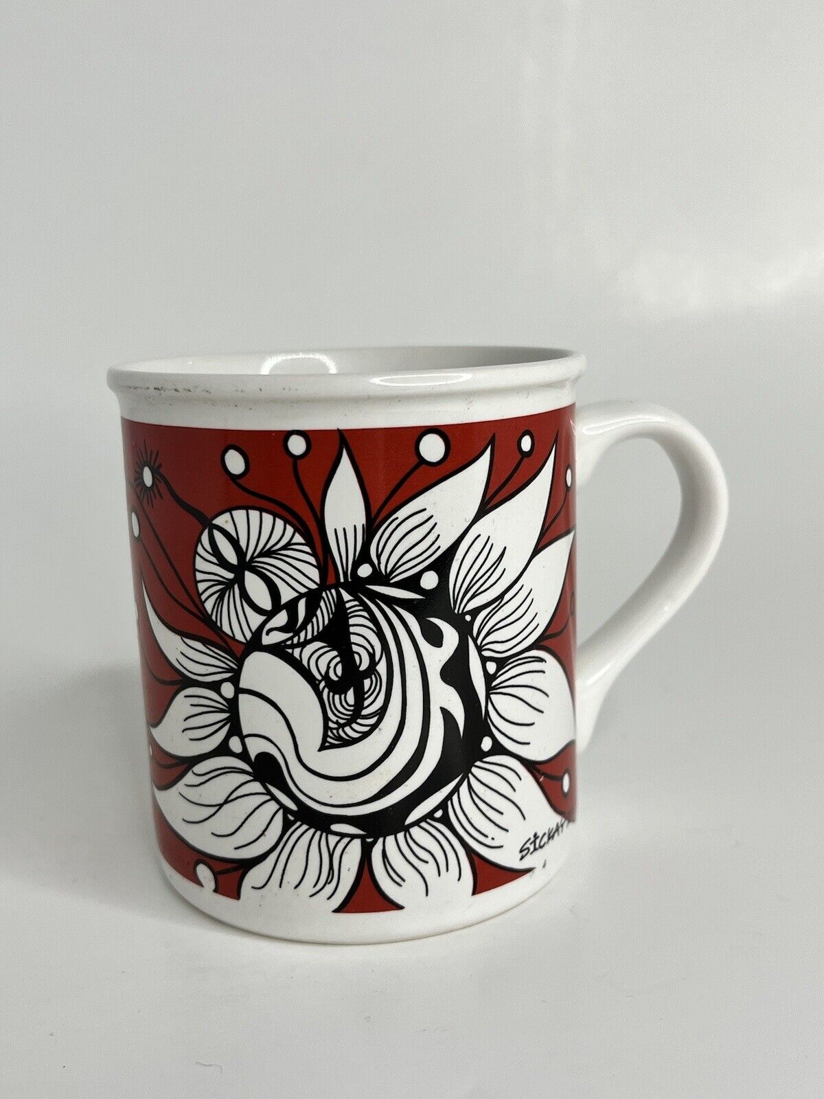 Ceramic Coffee Mug The Other Mugs 1997 Red Floral Bug Art Red White 8oz