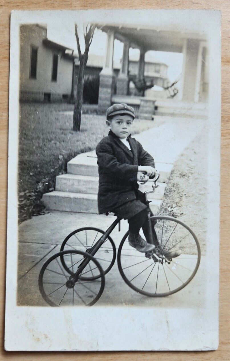 1910 RPPC little boy with tricycle & cap, AZO post card unposted