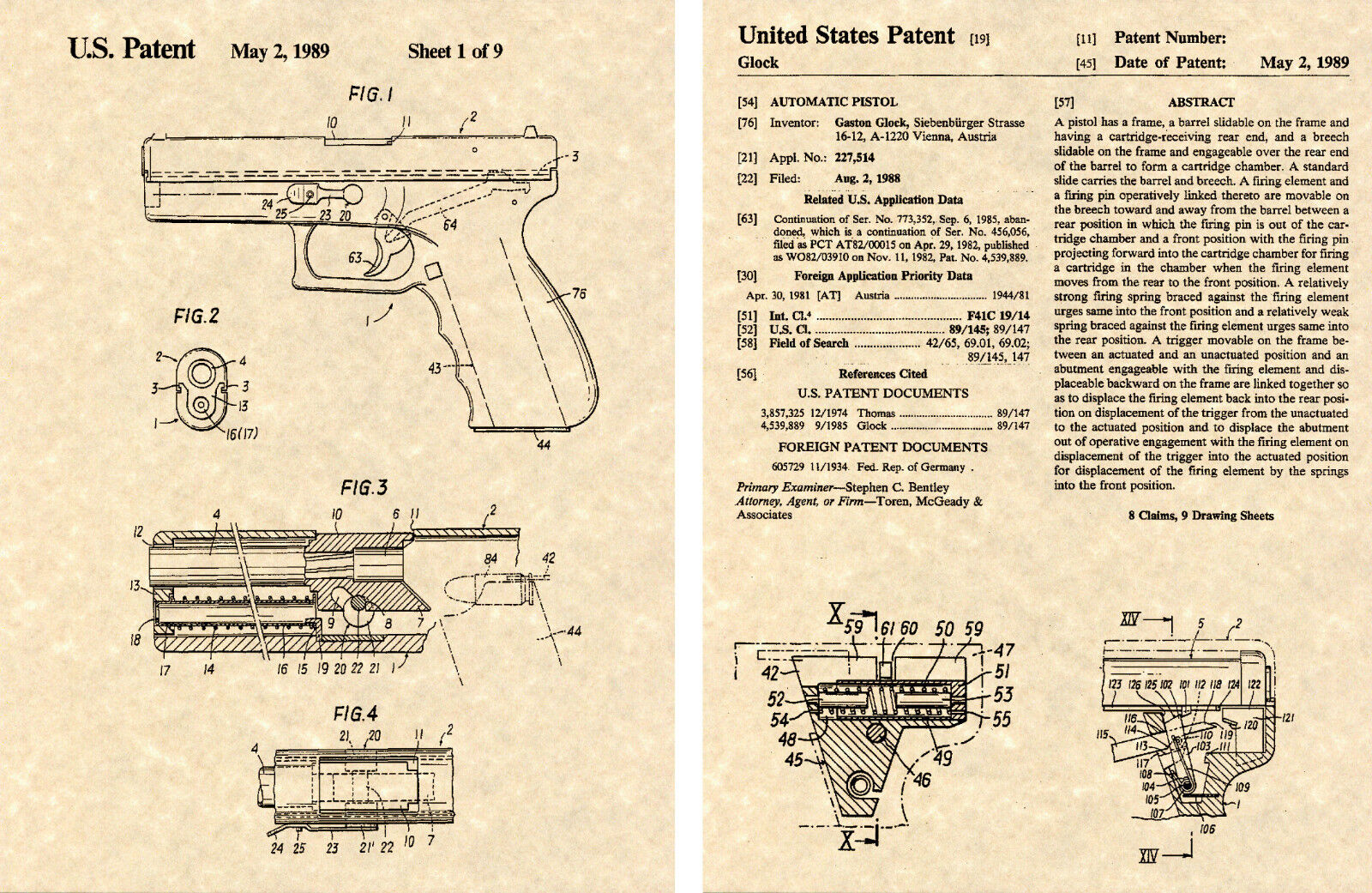 US PATENT for GLOCK AUTOMATIC PISTOL READY TO FRAME 17 21 22 40 45