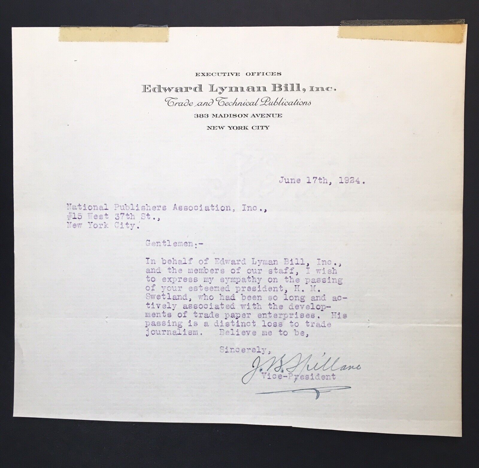 1924 Horace Swetland Condolence Letter from Edward Lyman Bill Inc. JB Williams