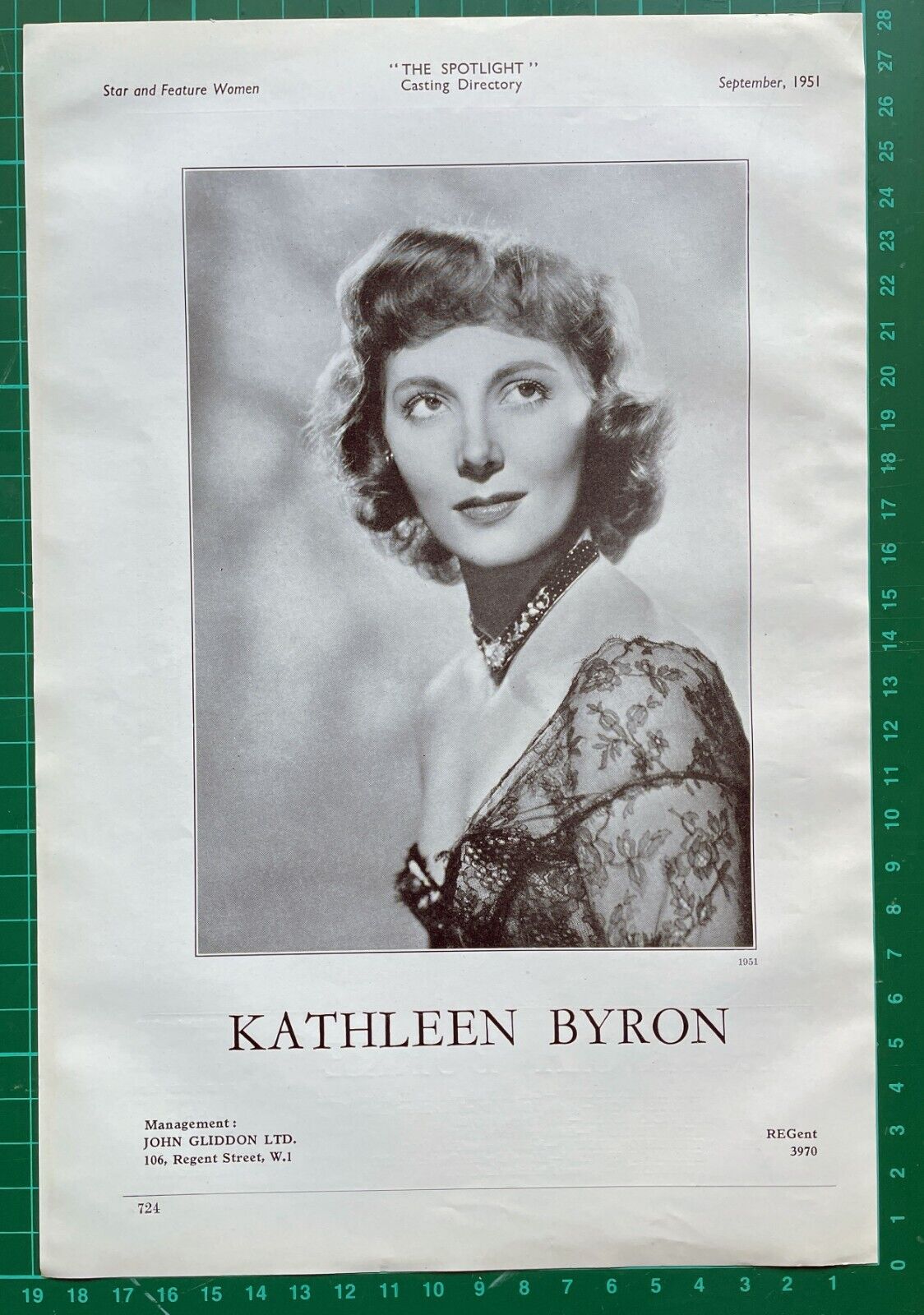 KATHLEEN BYRON / Patricia Burke Rare Vintage Acting Agency Page from 1951
