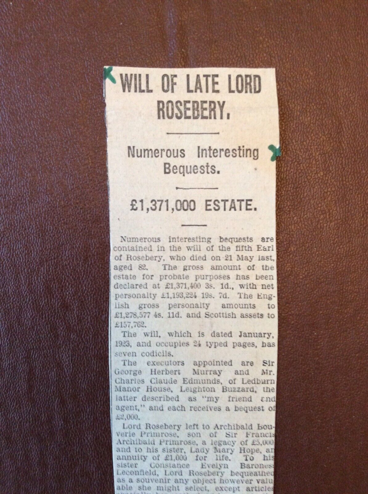 A2r Ephemera 1929 News Item Will Of Late Lord Rosebery