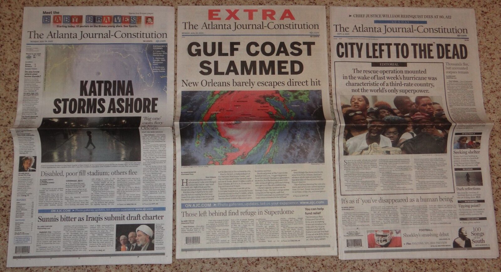 Hurricane Katrina New Orleans 2005, Atlanta Newspaper (2) Unread, Bold Headlines