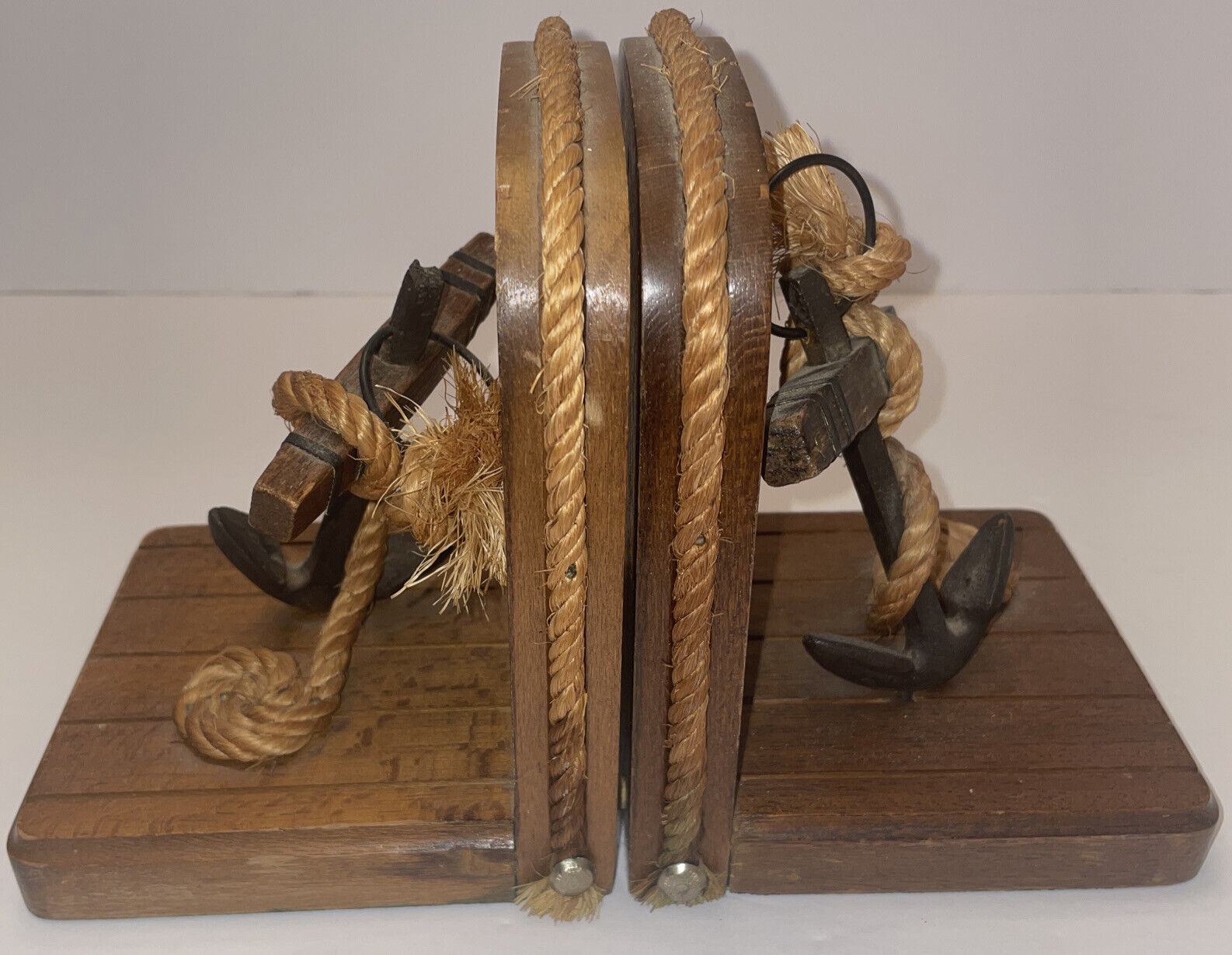 Vintage Nautical Iron Anchor And Rope Wooden Bookends