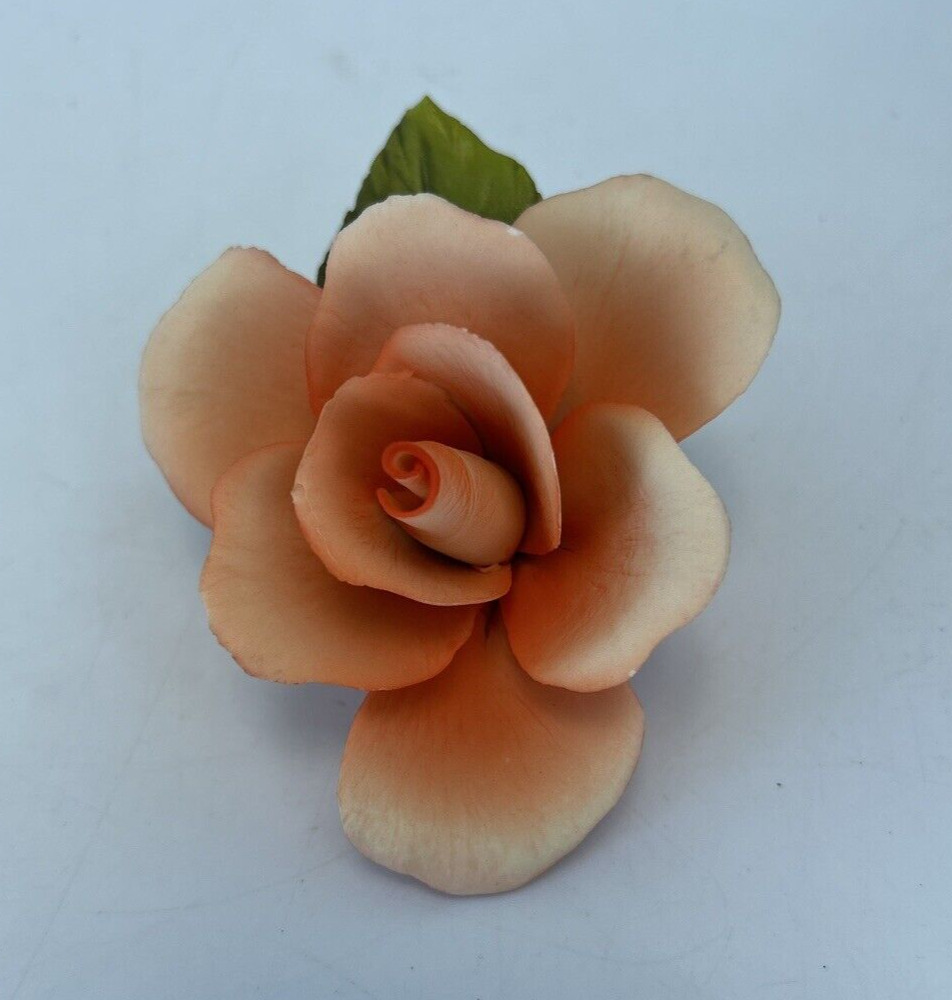 NAPOLEON Capodimonte Single Peach Orange Rose Bisque Porcelain Figurine Leaf