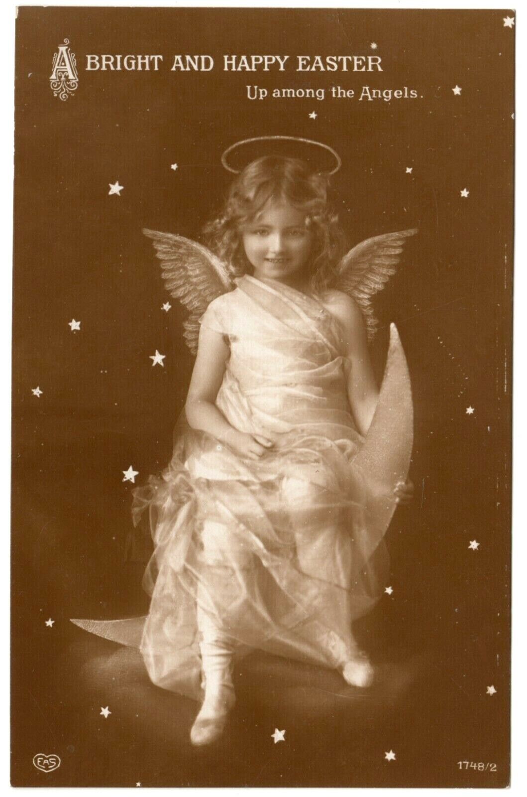 c1910s Bright & Happy Easter Fantasy Real Photo Sepia Postcard Child Angel Halo