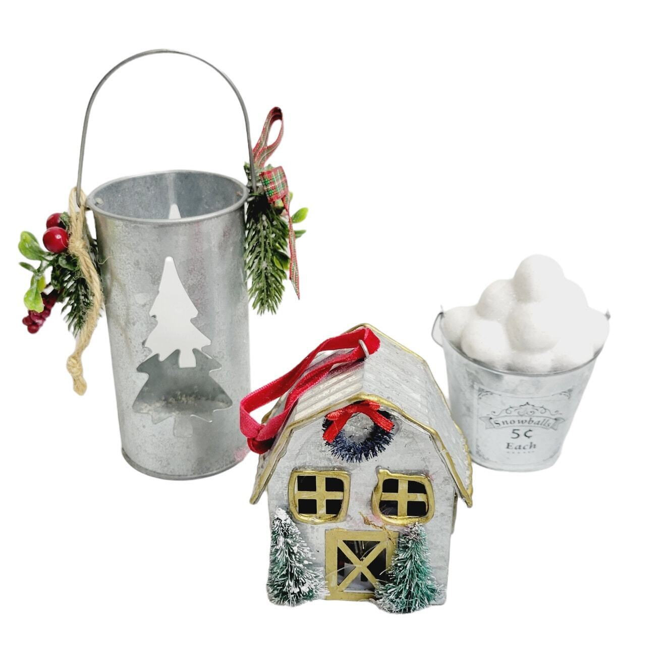 Metal Bucket Christmas Ornaments 3 Piece Mixed Decor Lot Snowballs Lighted House