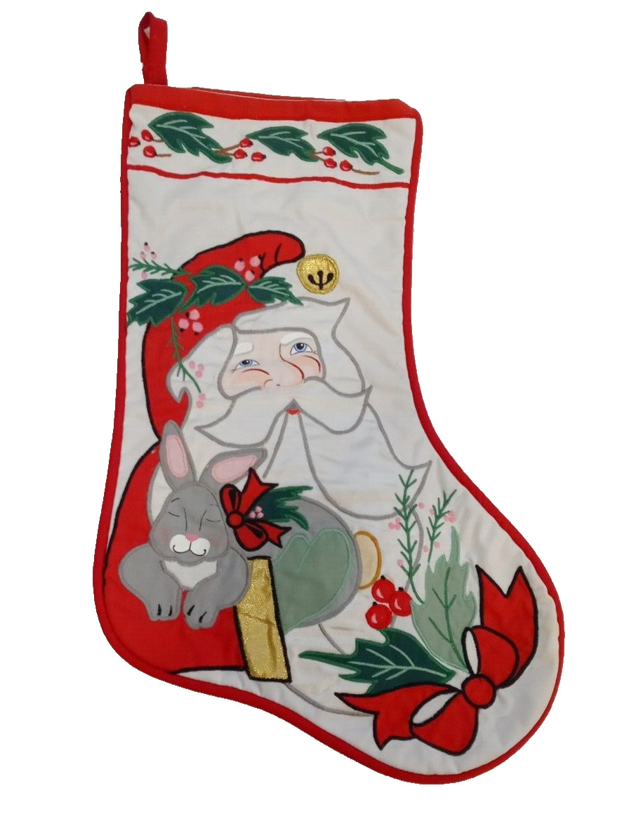 Vintage House of Hatten SANTA RABBIT  Embroidered Applique Christmas Stocking