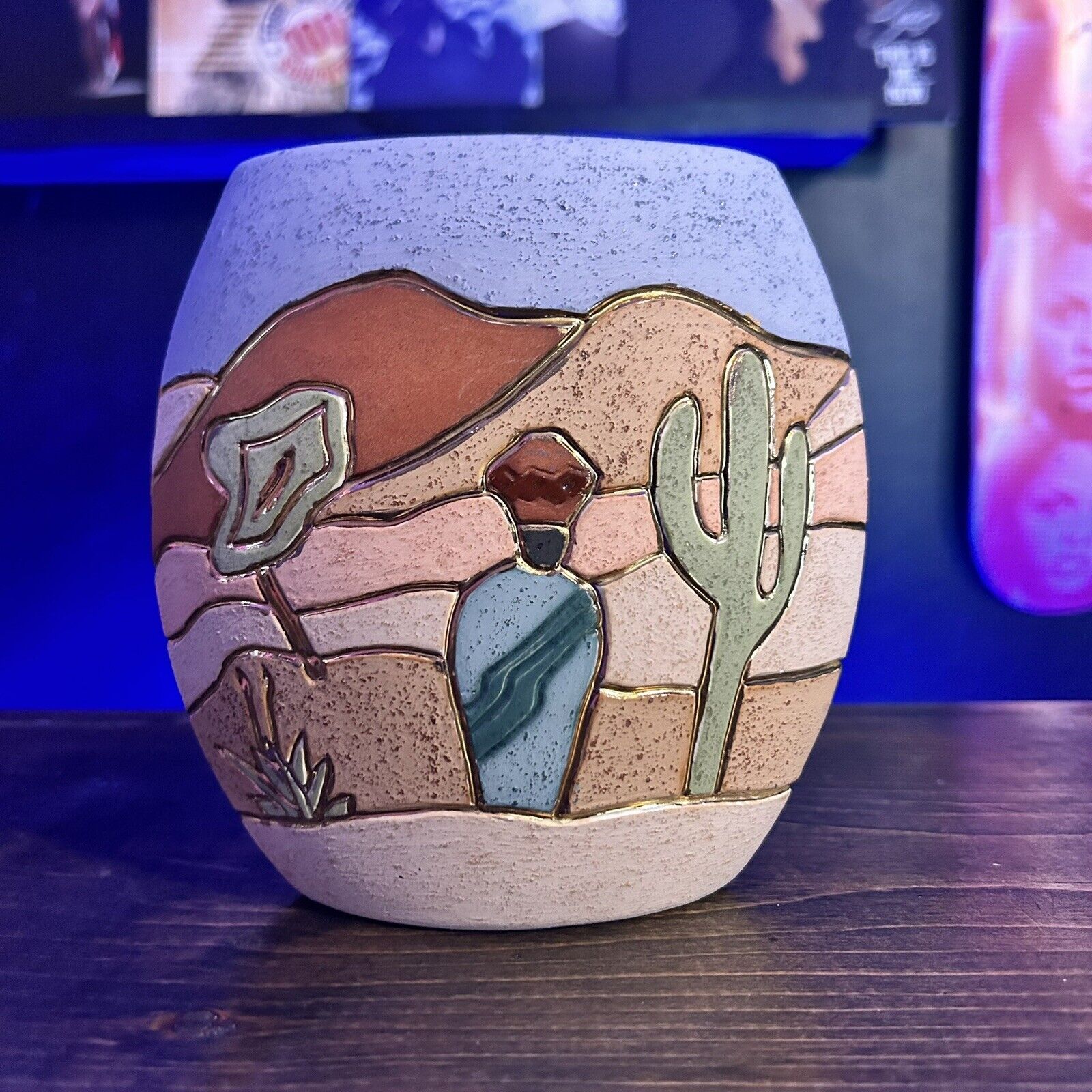 Vintage Southwest Pottery Vase Cactus And Desert Scape W/ Gold Acent 90’s
