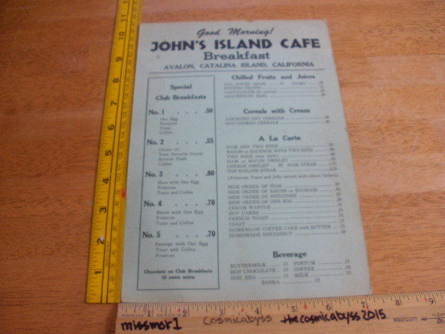 John\'s Island Cafe Avalon Santa Catalina CA restaurant menu VINTAGE 1940s