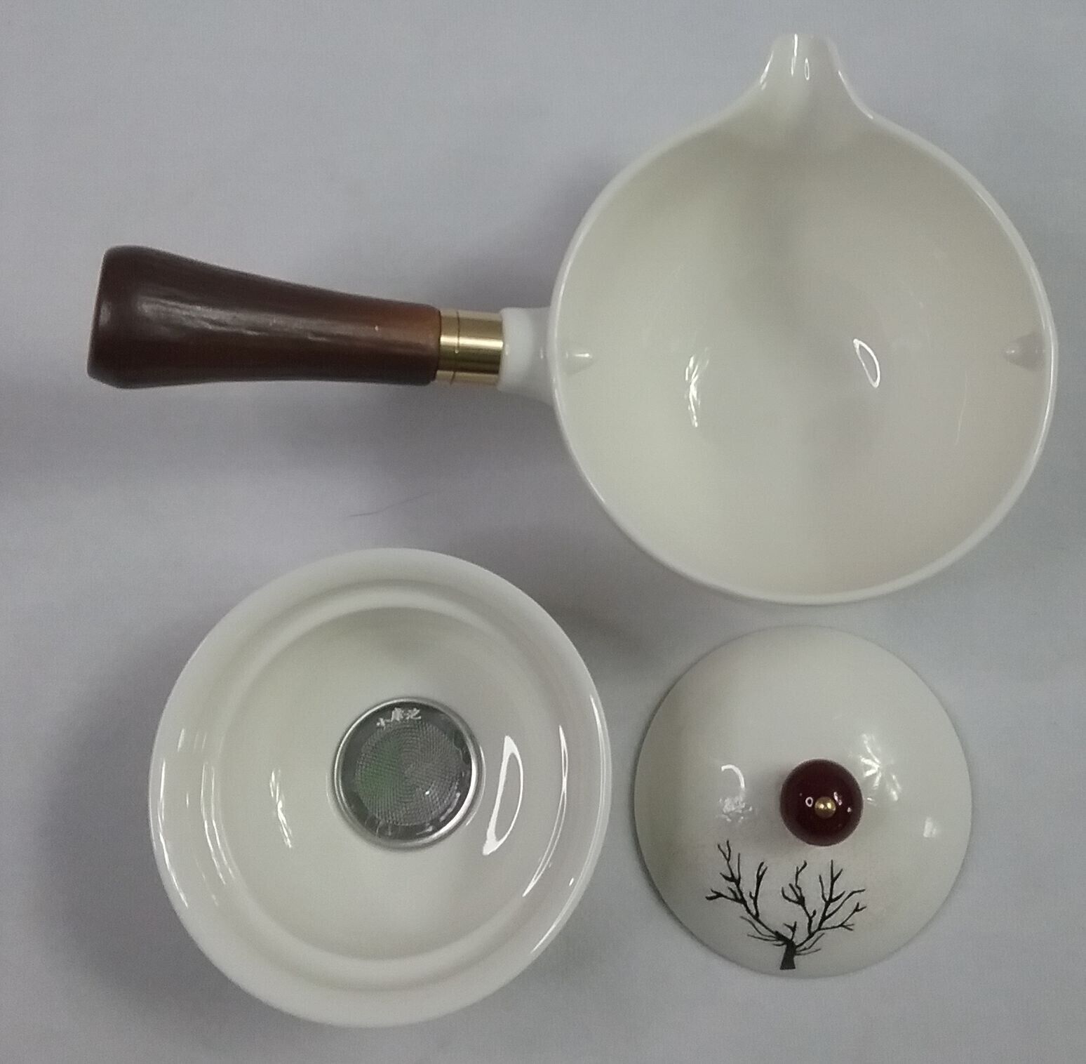 New, White Ceramic Chinese Tea Pot w/Black Forest Design