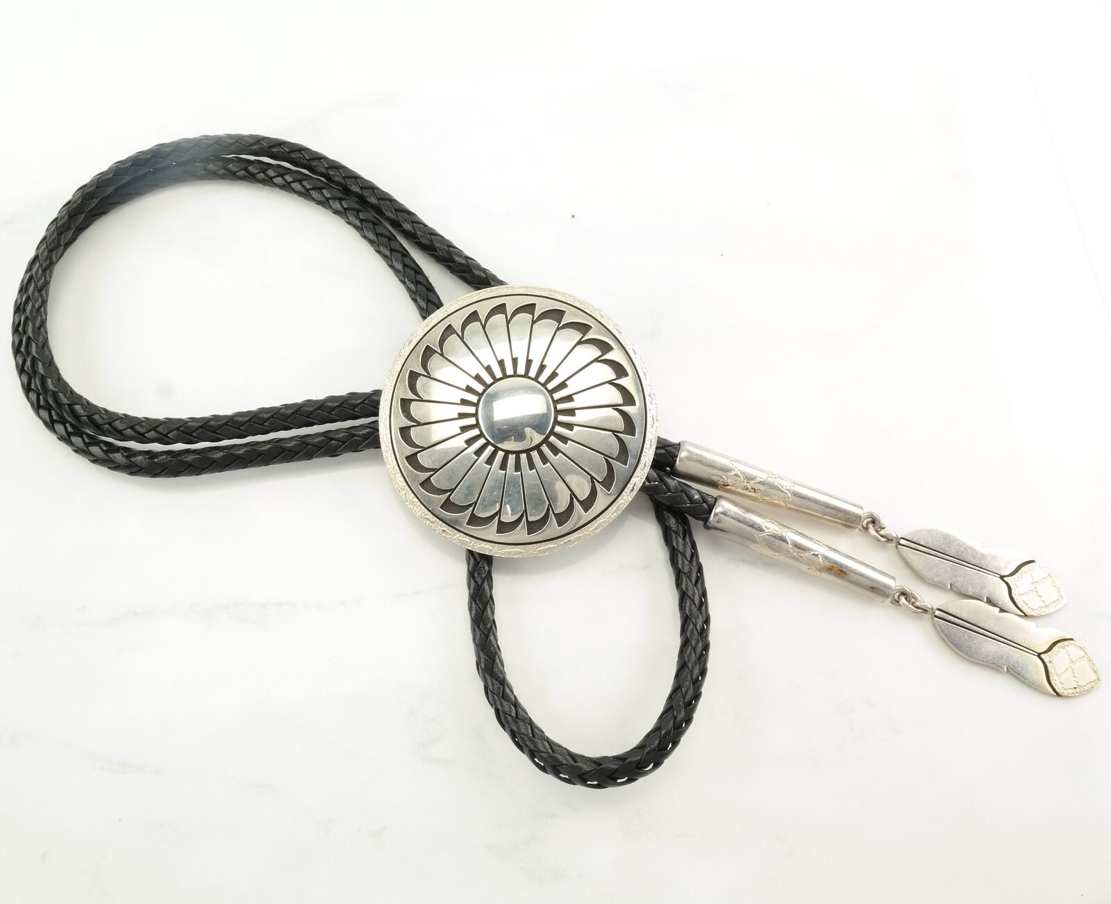 Vintage Native American Sterling Silver Large, Concho, Sun Feather Bolo Tie