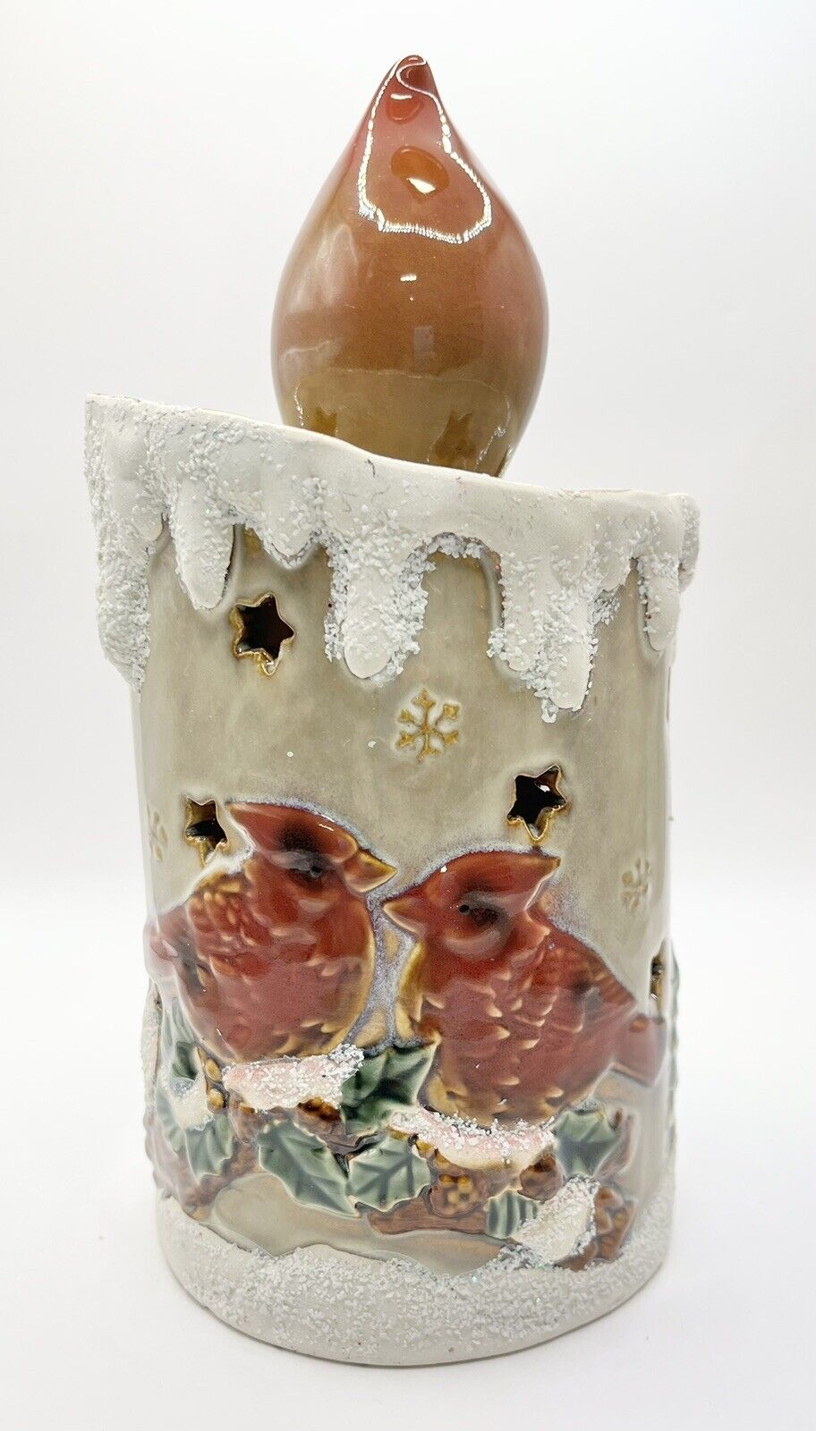 Ceramic Candle Christmas Candle Holder w/Cardinals & Snow 9\