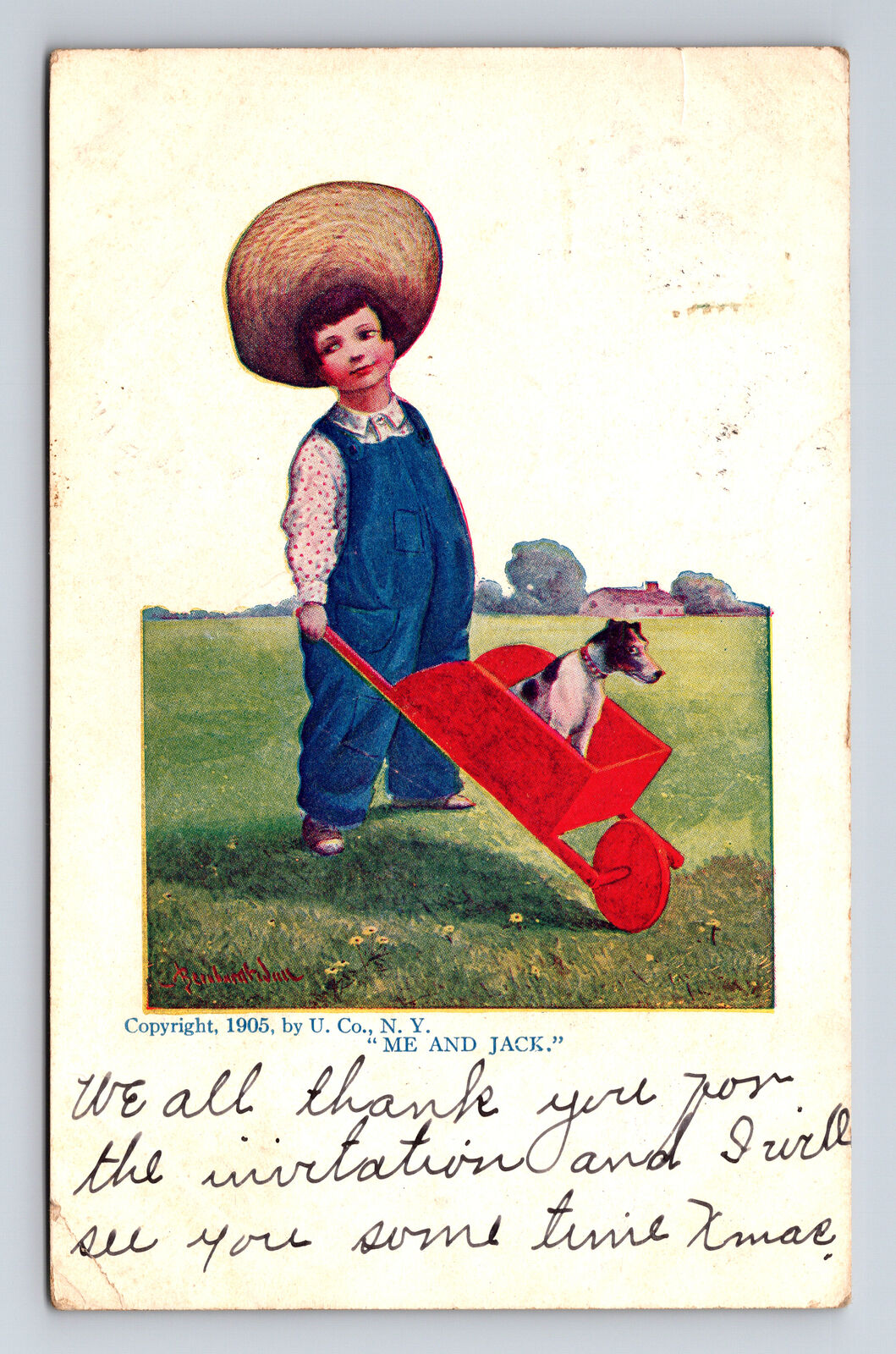 1907 Bernhardt Wall Me and Jack Russell Terrier Boy & Dog Grand Pass MO Postcard