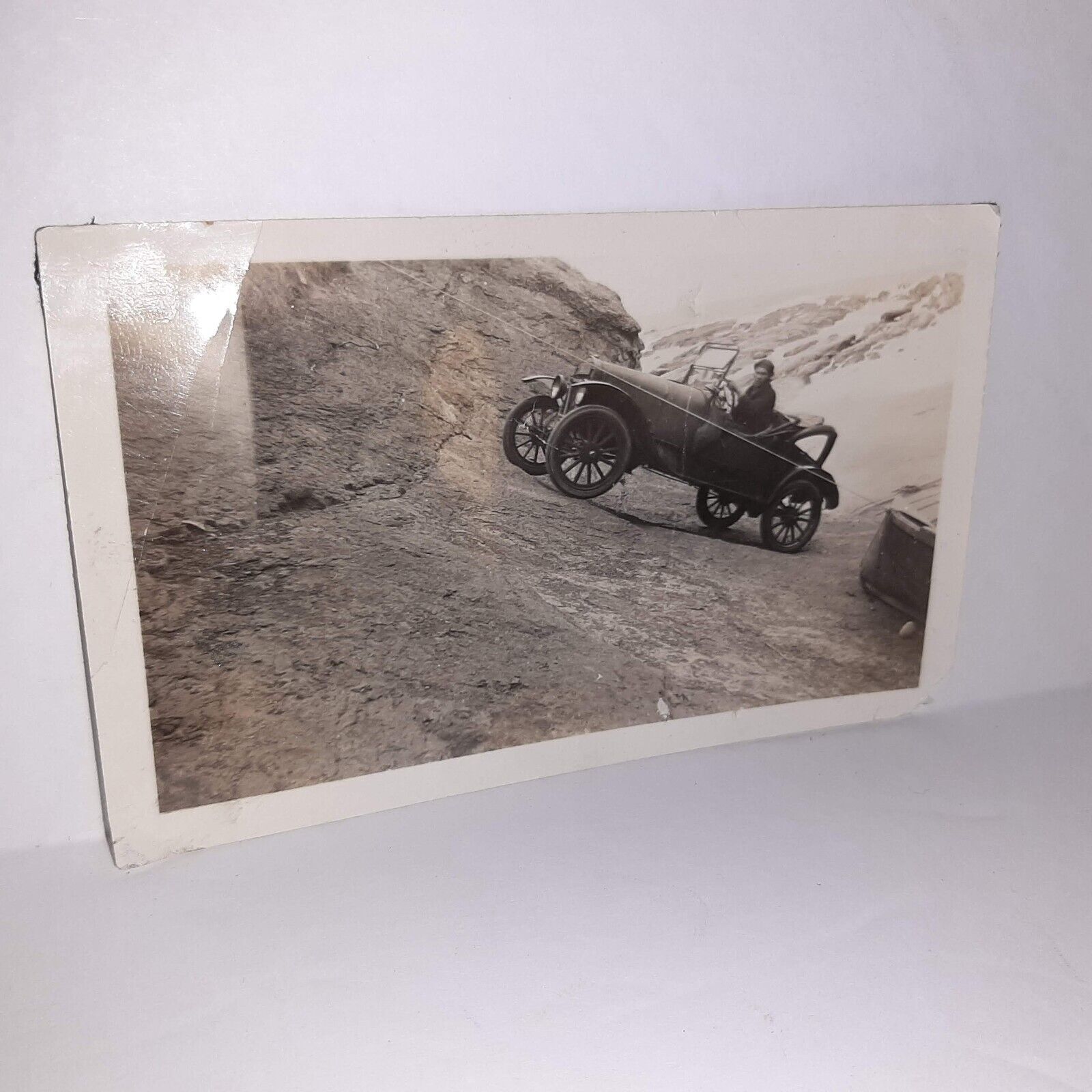 Photograph Man Driving Old Car Early Automobile 1910s Up A Snowy Mountain 3x4