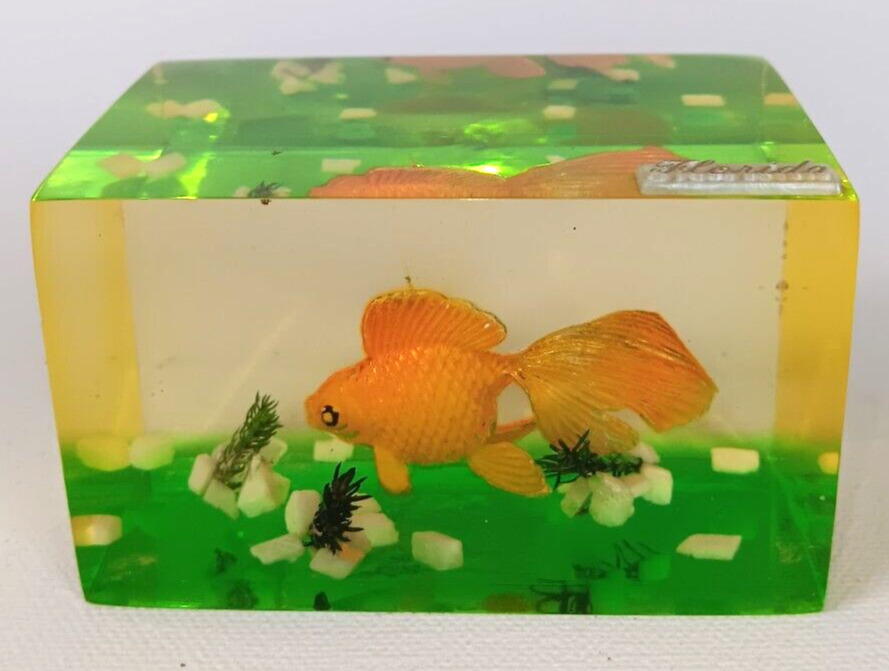 Vintage Florida Souvenir Goldfish Fish in Lucite Block Retro 70s Paperweight