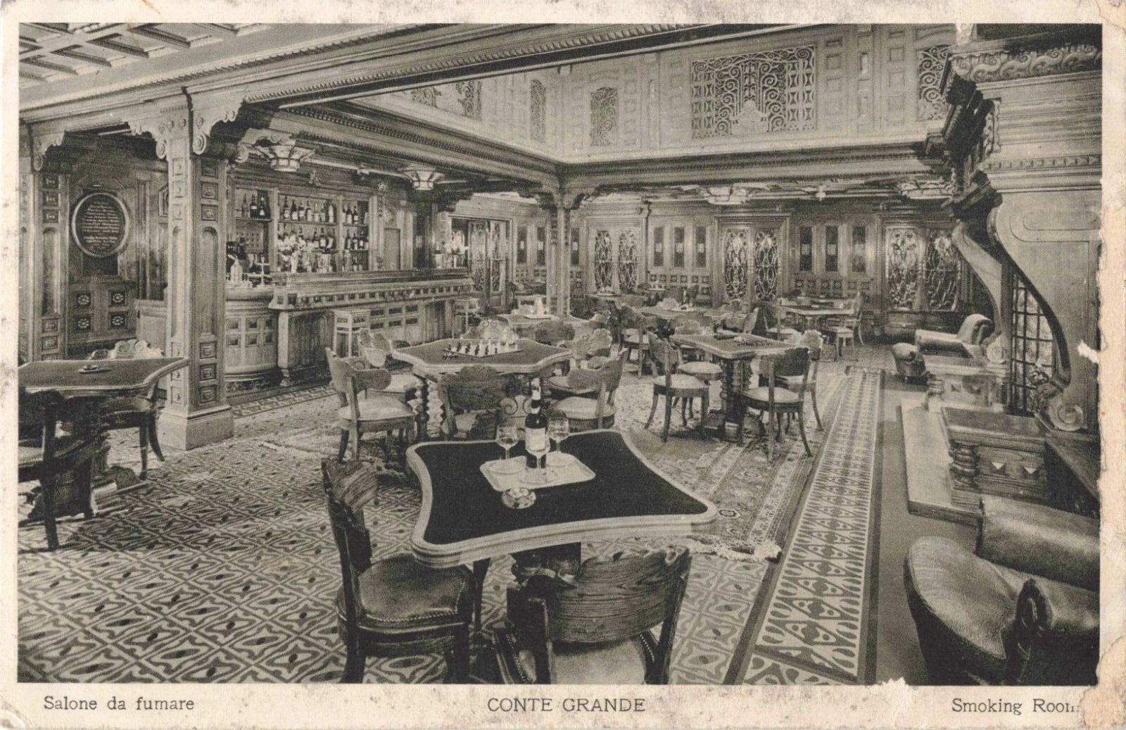 Postcard Conte Grand Ship Italian Ocean Liner Interior Smoking Room Unposted 533