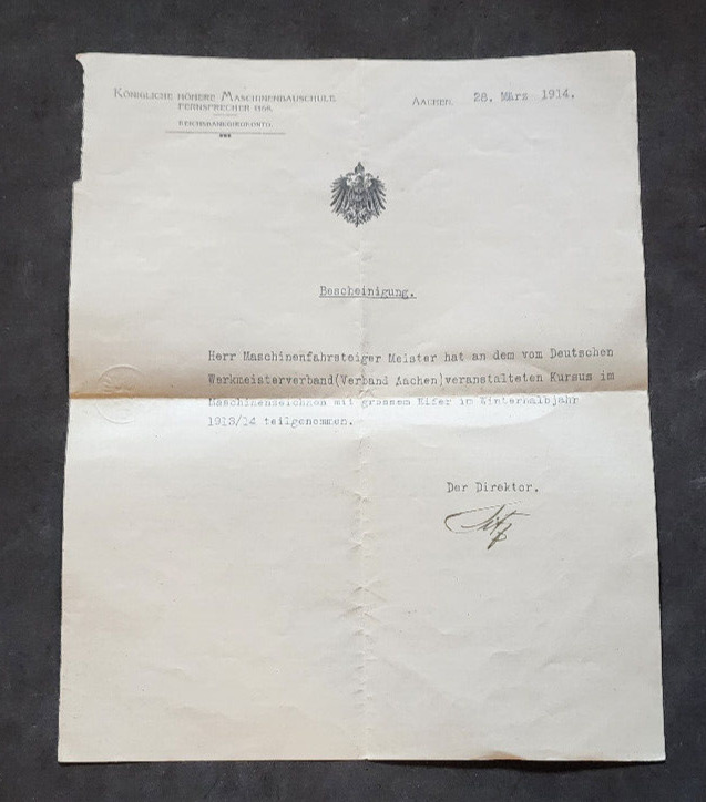 Pre WWI WW1 Imperial German machine workers certification document 1914 Aachen