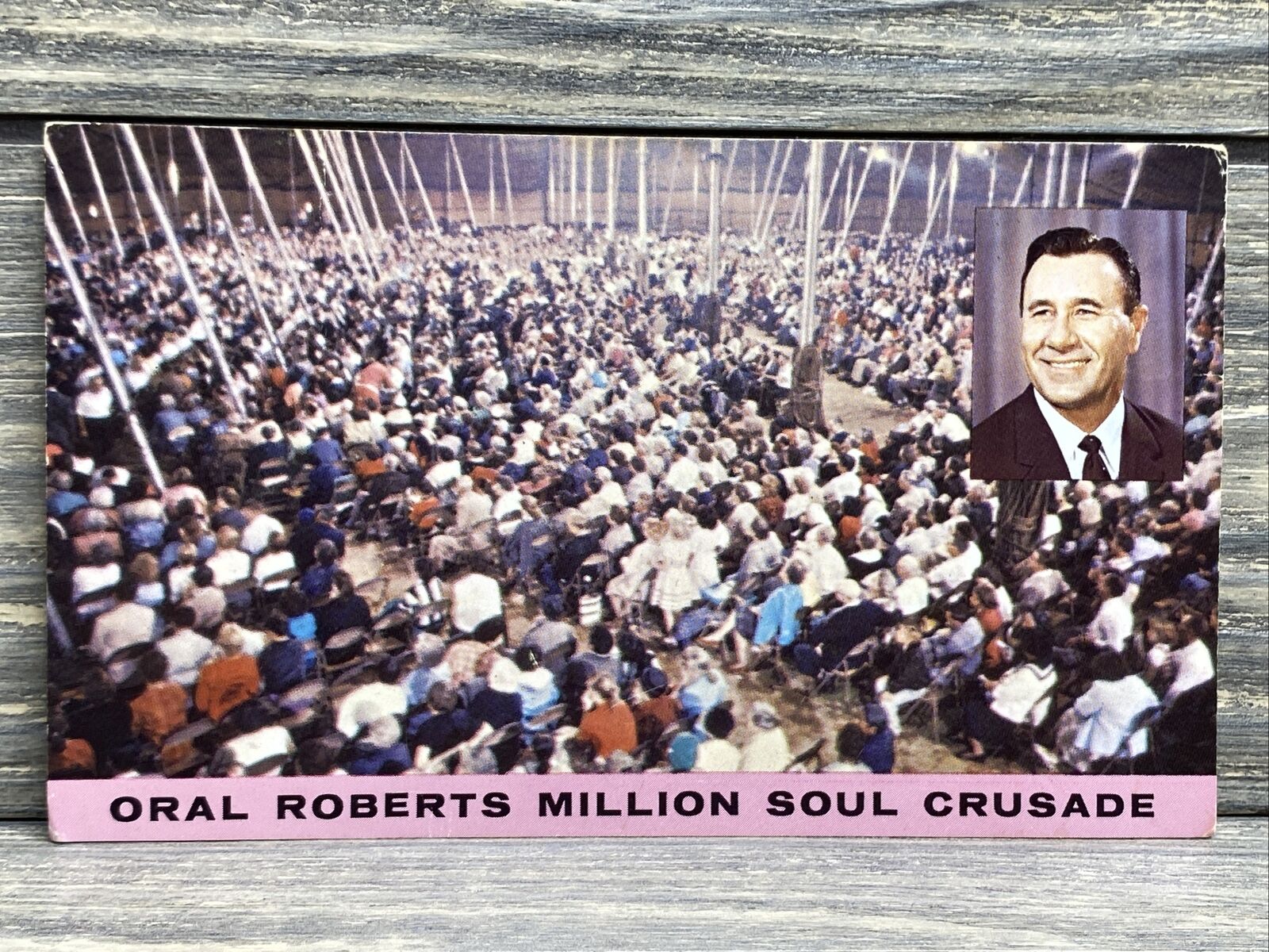 Vintage Postcard Oral Roberts Abundant Life Million Soul Crusade Audience Crowd 