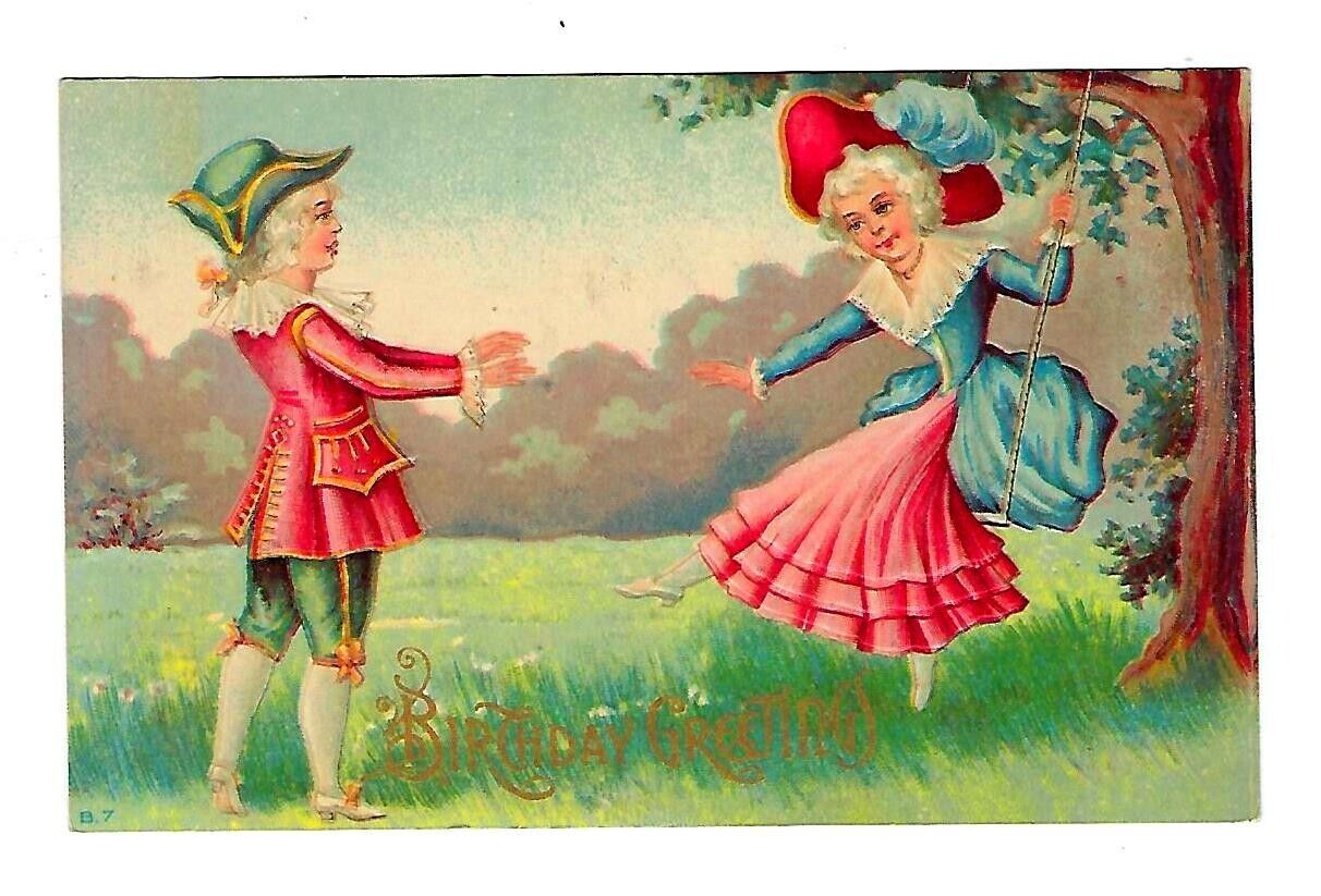 1913 Birthday Postcard Romantic Woman On A Tree Swing Embossed - Posted