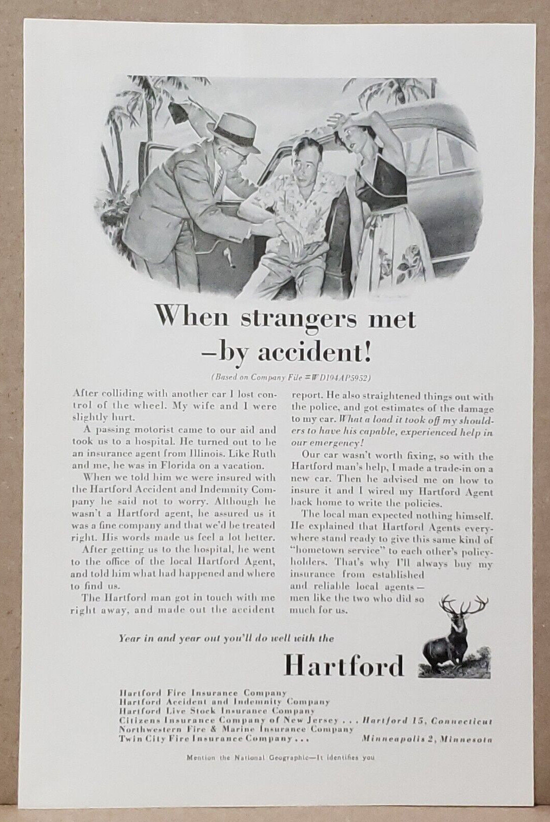 1955 Hartford Insurance Company Print Ad When Strangers Met by Accident