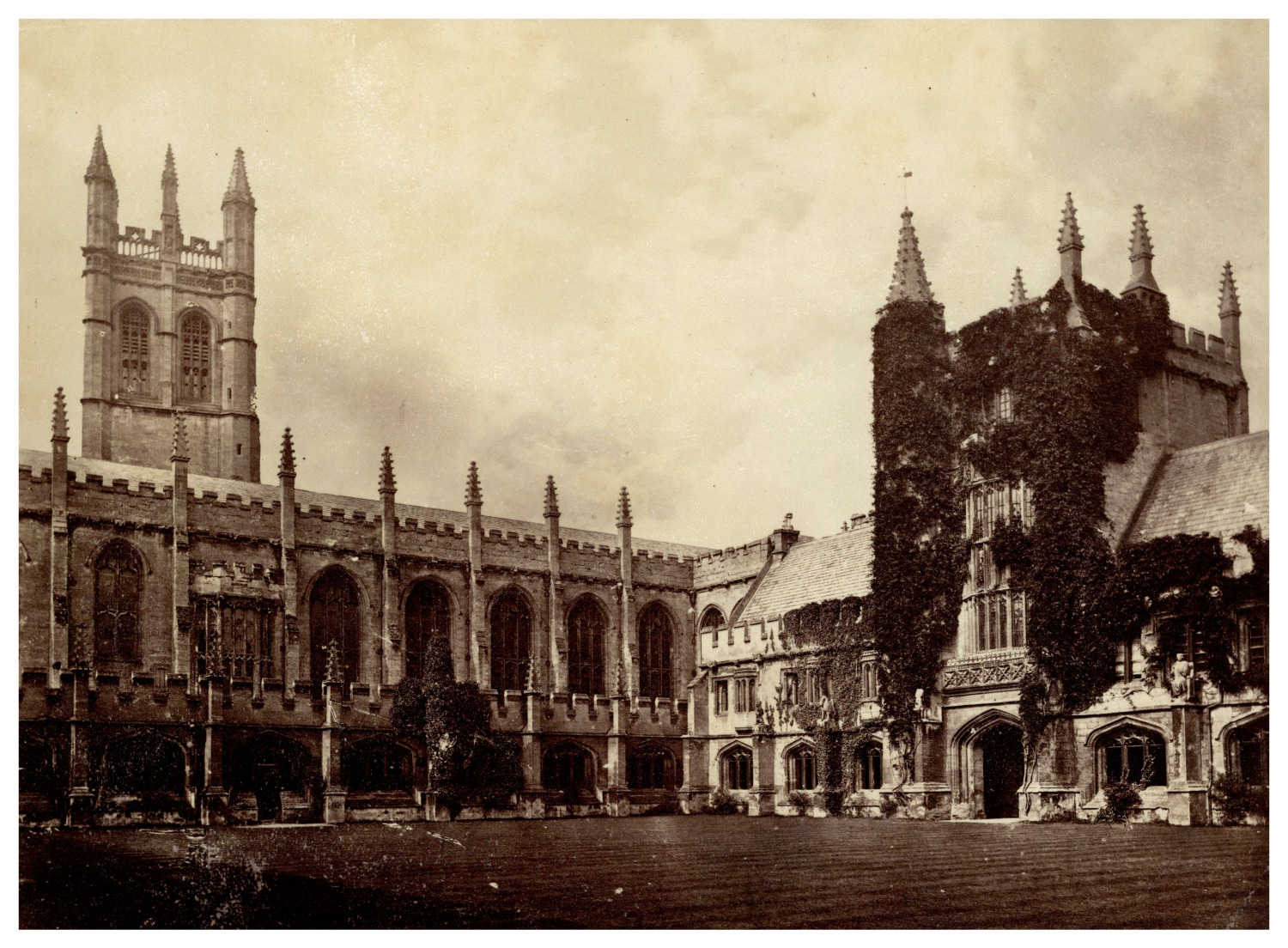 England, Oxford, Magdalen College Cloister and Tower Vintage Albumen Print Ti