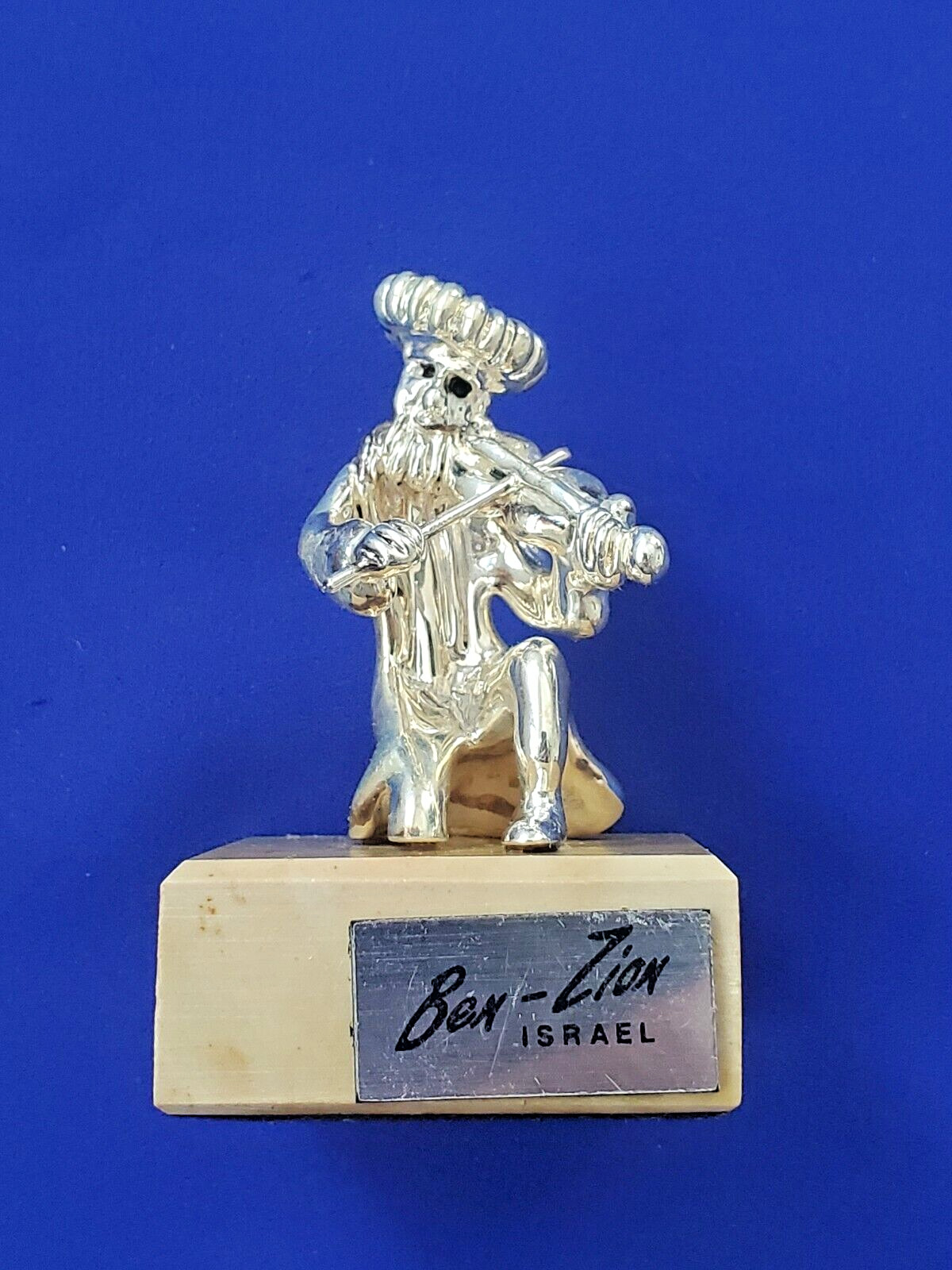 Ben Zion Israel Judaica Sterling Silver Marble Base Fiddling Hassidic FigurineII