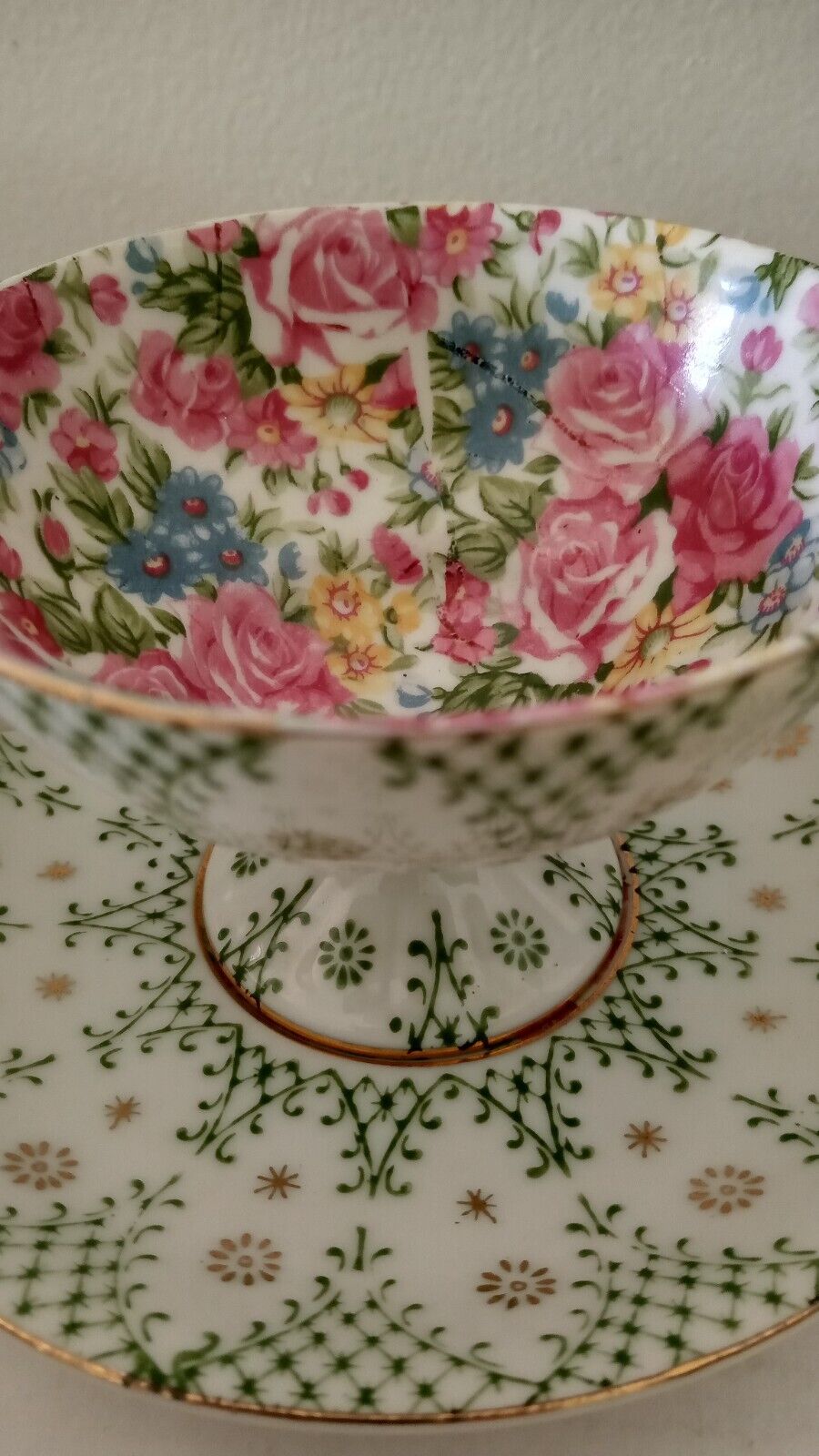 Vintage Royal Chintz Teacup & Saucer Set Rose Pattern Gold Accents Pedestal 
