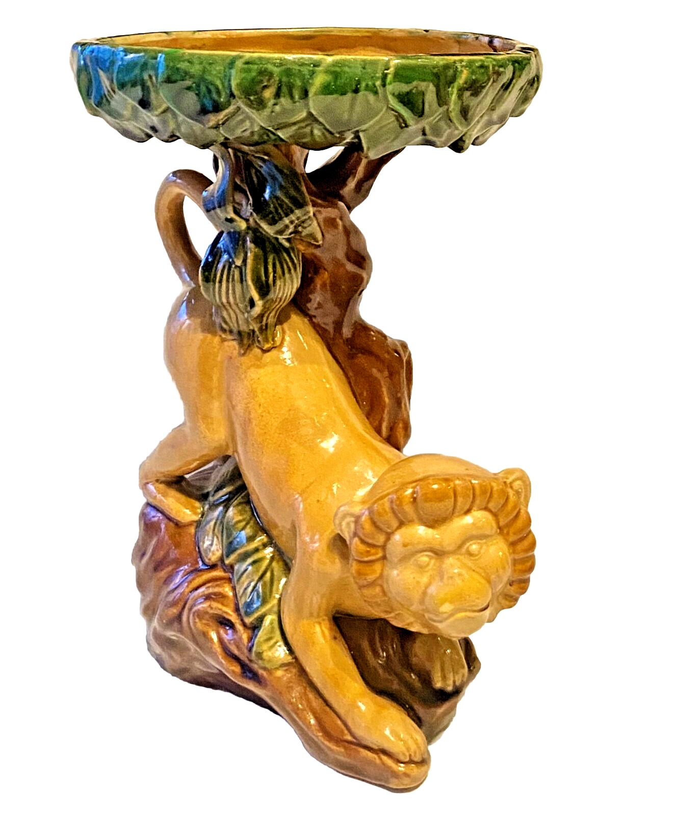 Vtg Italian Chinoiserie Majolica Monkey & Bok Choy Sculpture Compote Centerpiece