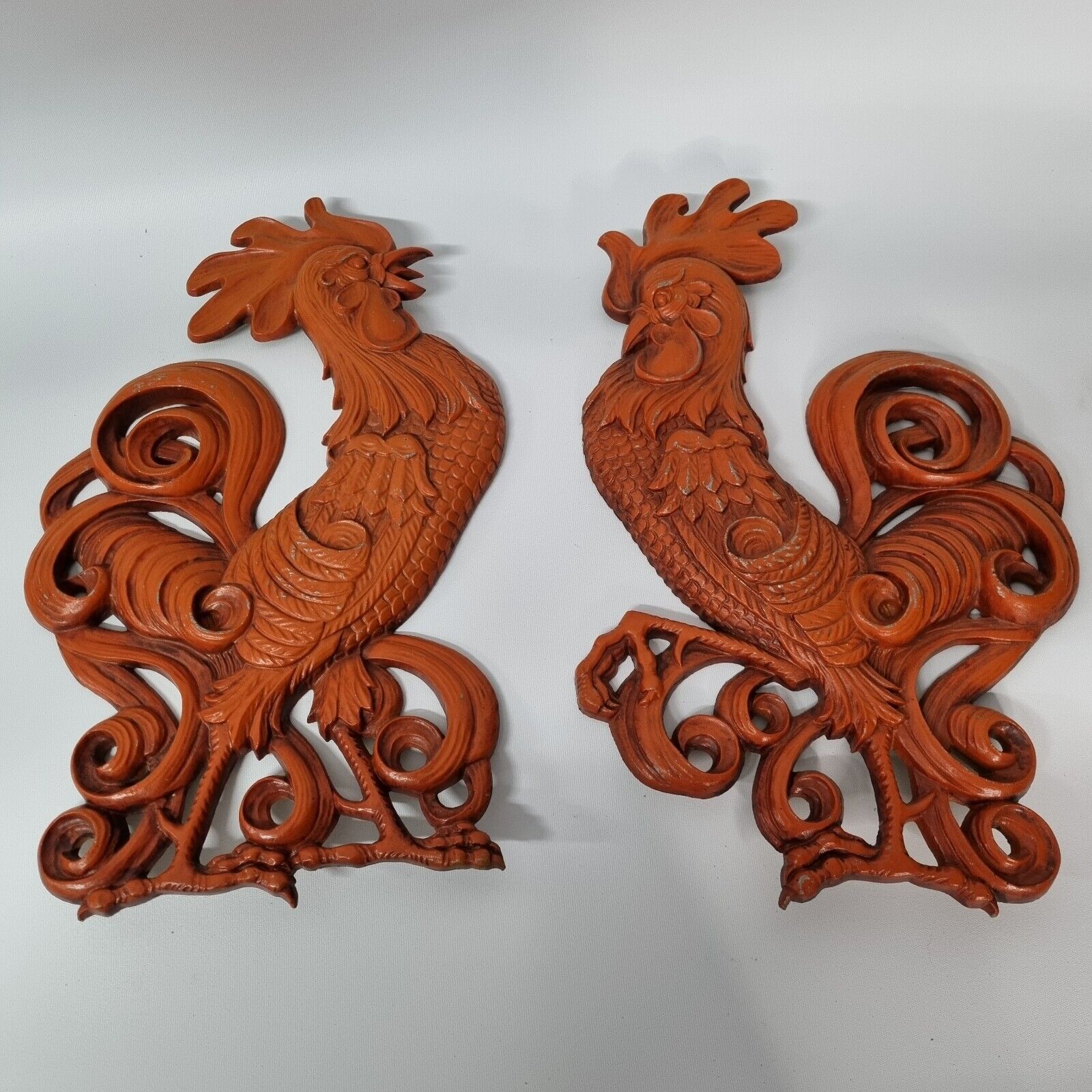 2 Pc Set Vintage Sexton MCM Fighting Roosters Red Metal Wall Decor Hangings USA